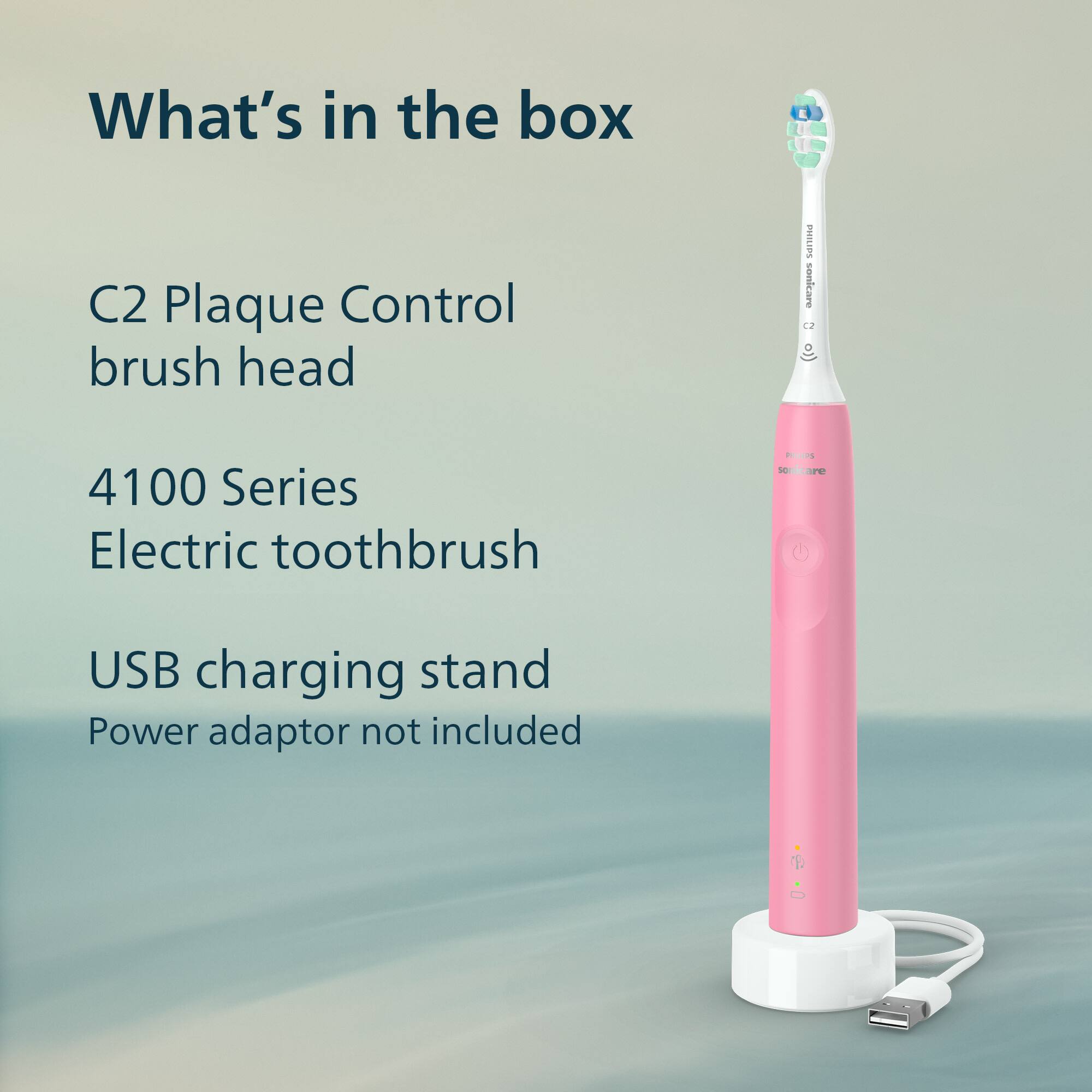 What's in the box

C2 Plaque Control brush head

4100 Series Electric toothbrush

USB charging stand

Power adaptor not included