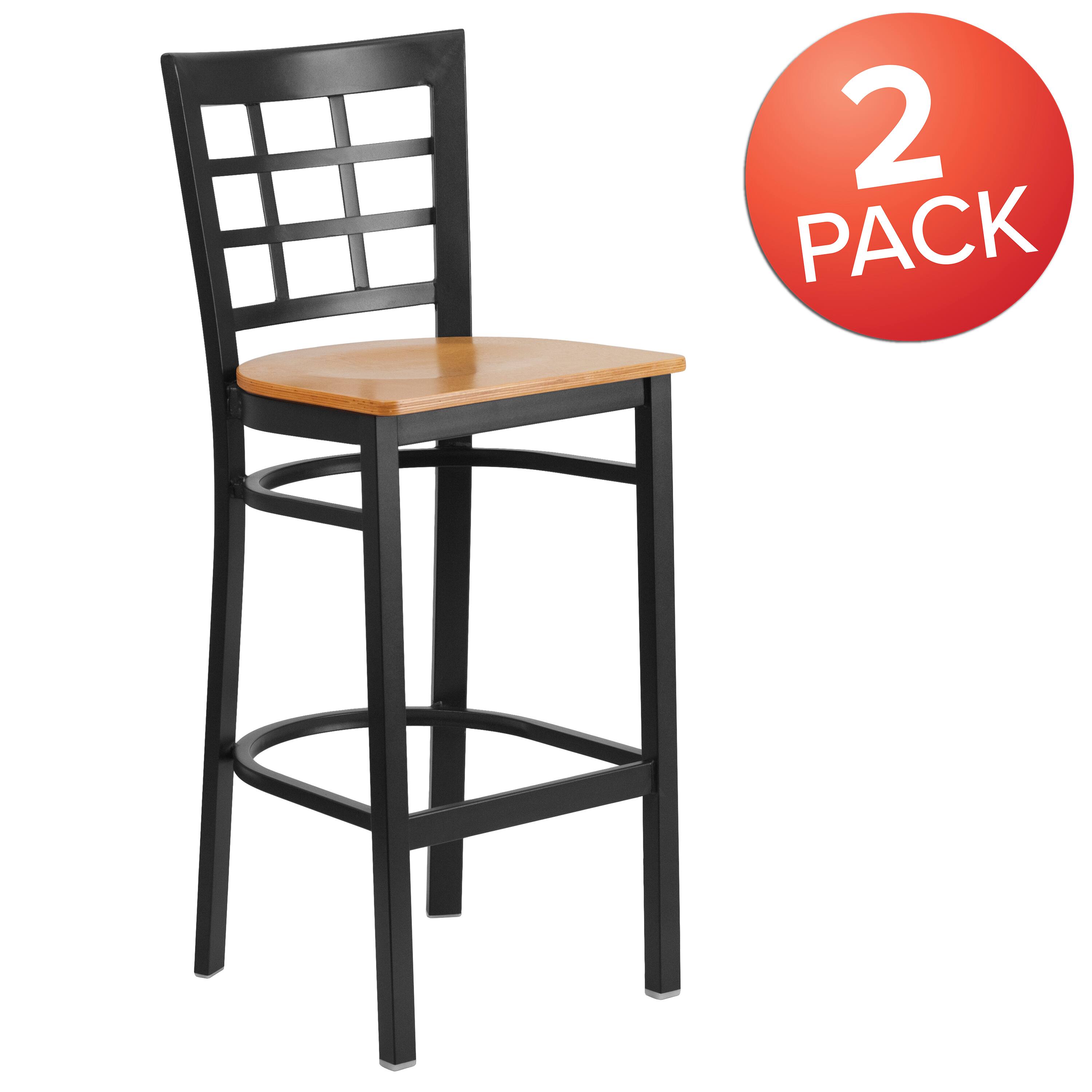 Alt View 1. Emma + Oliver - 2 Pack Window Back Metal Restaurant Barstool - Natural Wood Seat/Black Metal Frame.