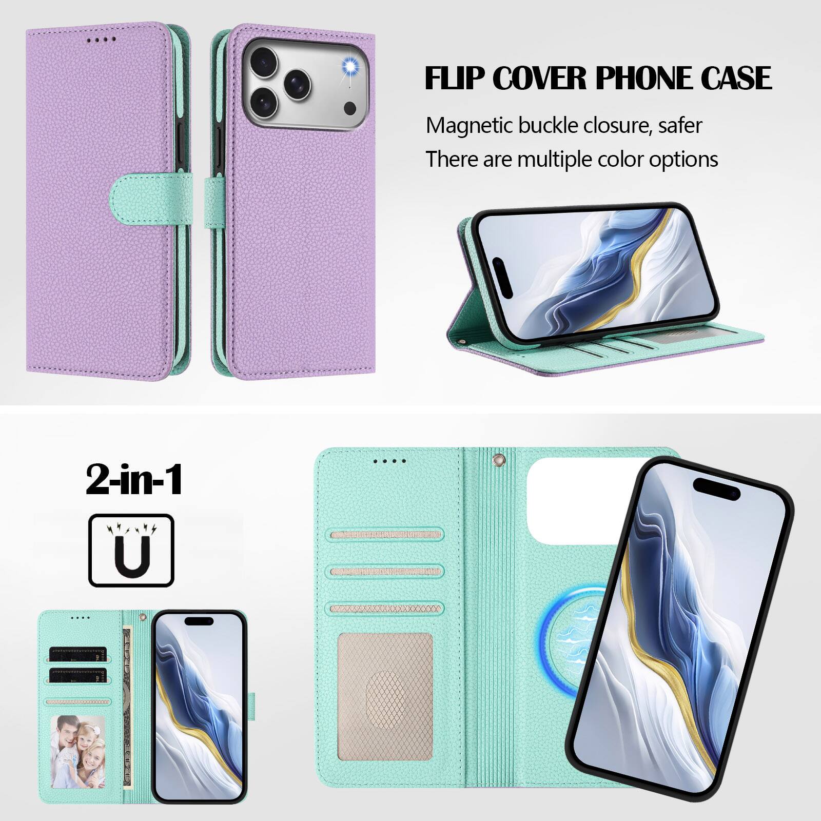 FLIP COVER PHONE CASE  
Magnetic buckle closure, safer  
There are multiple color options  

2-in-1
