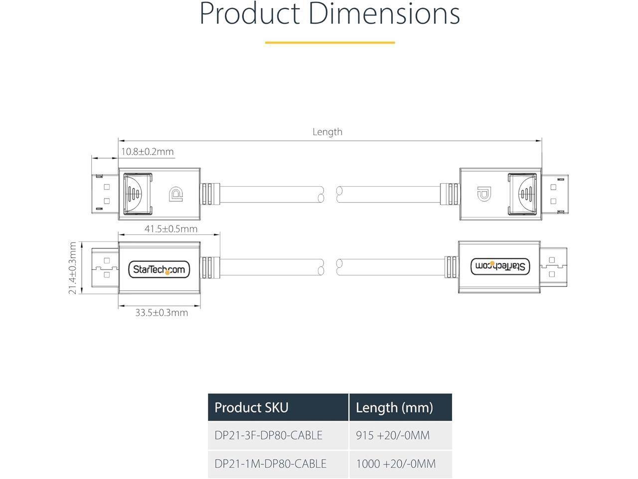 Product Dimensions

Length 10.8±0.2mm  
41.5±0.5mm  
21.4±0.3mm  
33.5±0.3mm  

Product SKU | Length (mm)  
--- | ---  
DP21-3F-DP80-CABLE | 915 +20/-0MM  
DP21-1M-DP80-CABLE | 1000 +20/-0MM