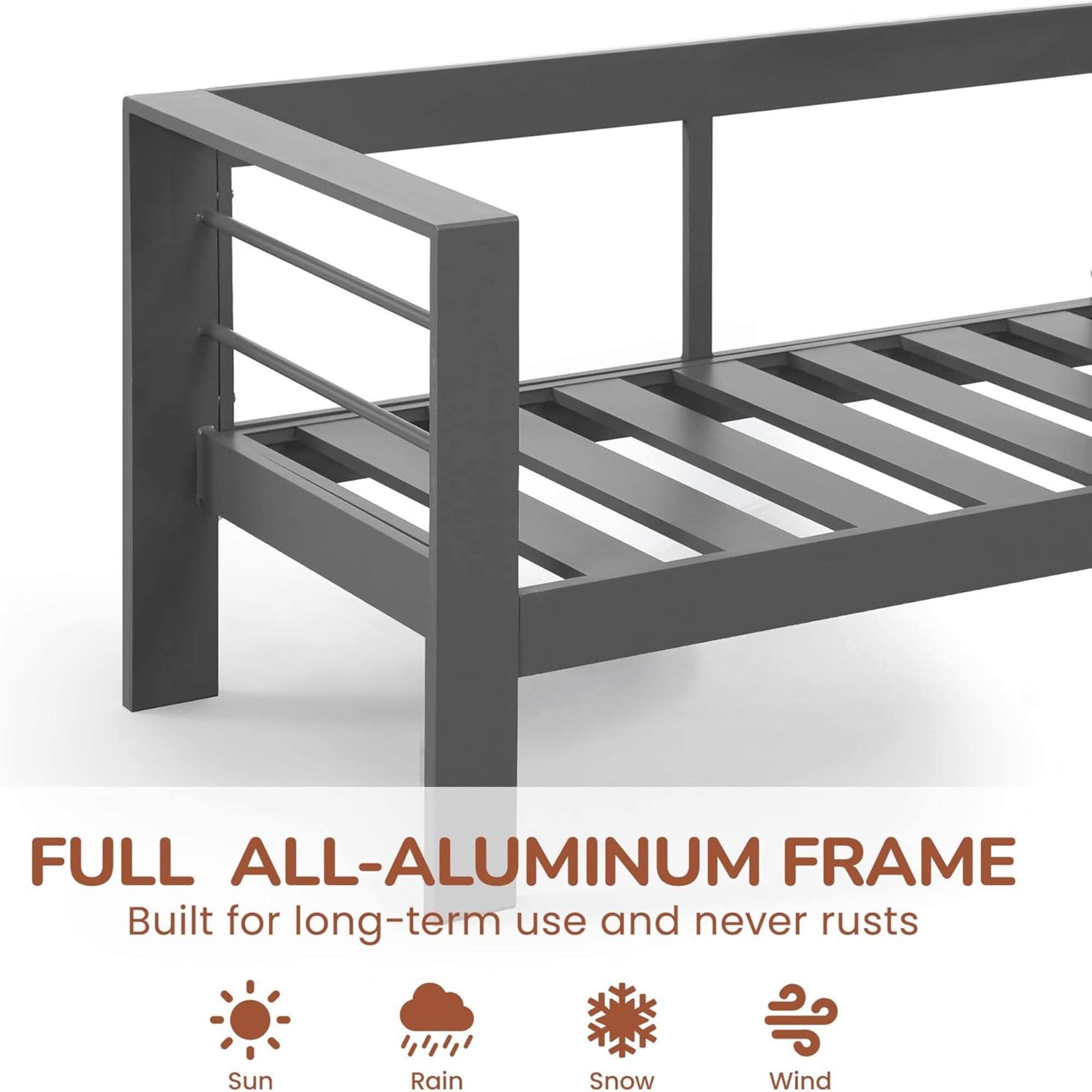 FULL ALL-ALUMINUM FRAME  
Built for long-term use and never rusts  
Sun Rain Snow Wind