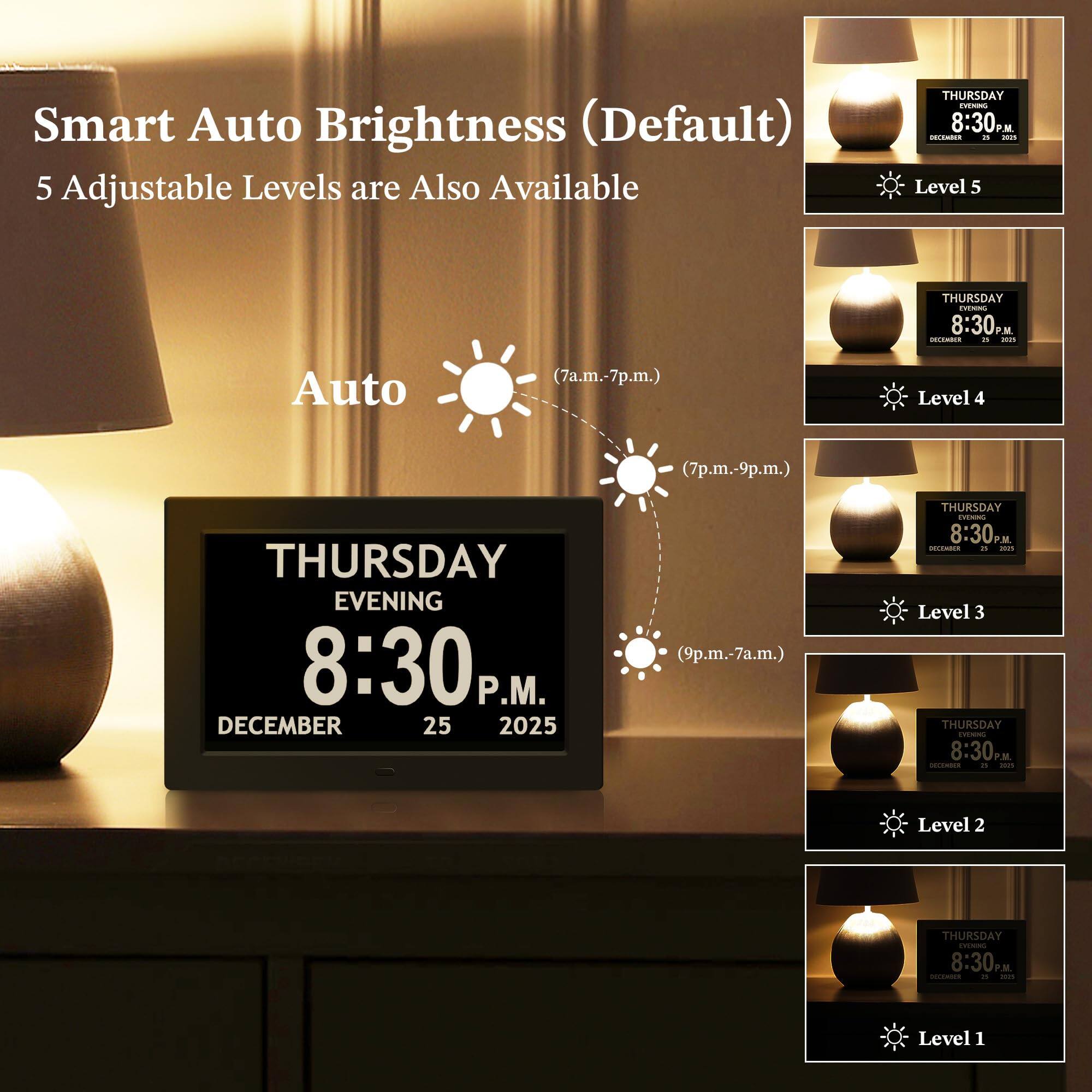 Smart Auto Brightness (Default)  
5 Adjustable Levels are Also Available  

Auto  
(7a.m.-7p.m.)  
Level 5  

(7p.m.-9p.m.)  
Level 4  

(9p.m.-7a.m.)  
Level 3  

Level 2  

Level 1