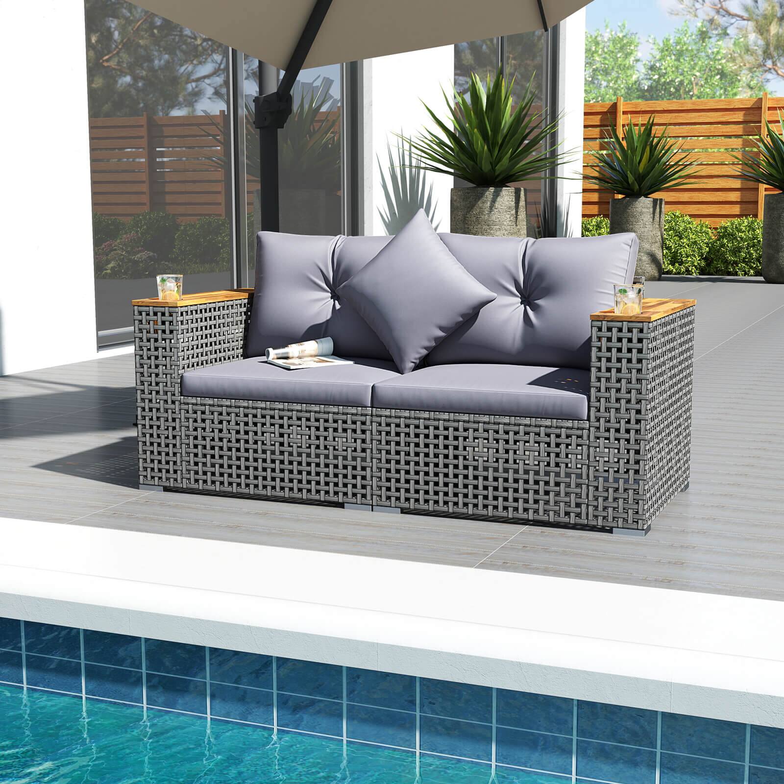 Alt View 4. Costway - Costway 2 PCS Patio Corner Sofa Set with Thick Cushions Wide Acacia Wood Armrests for Garden - Gray + Gray.