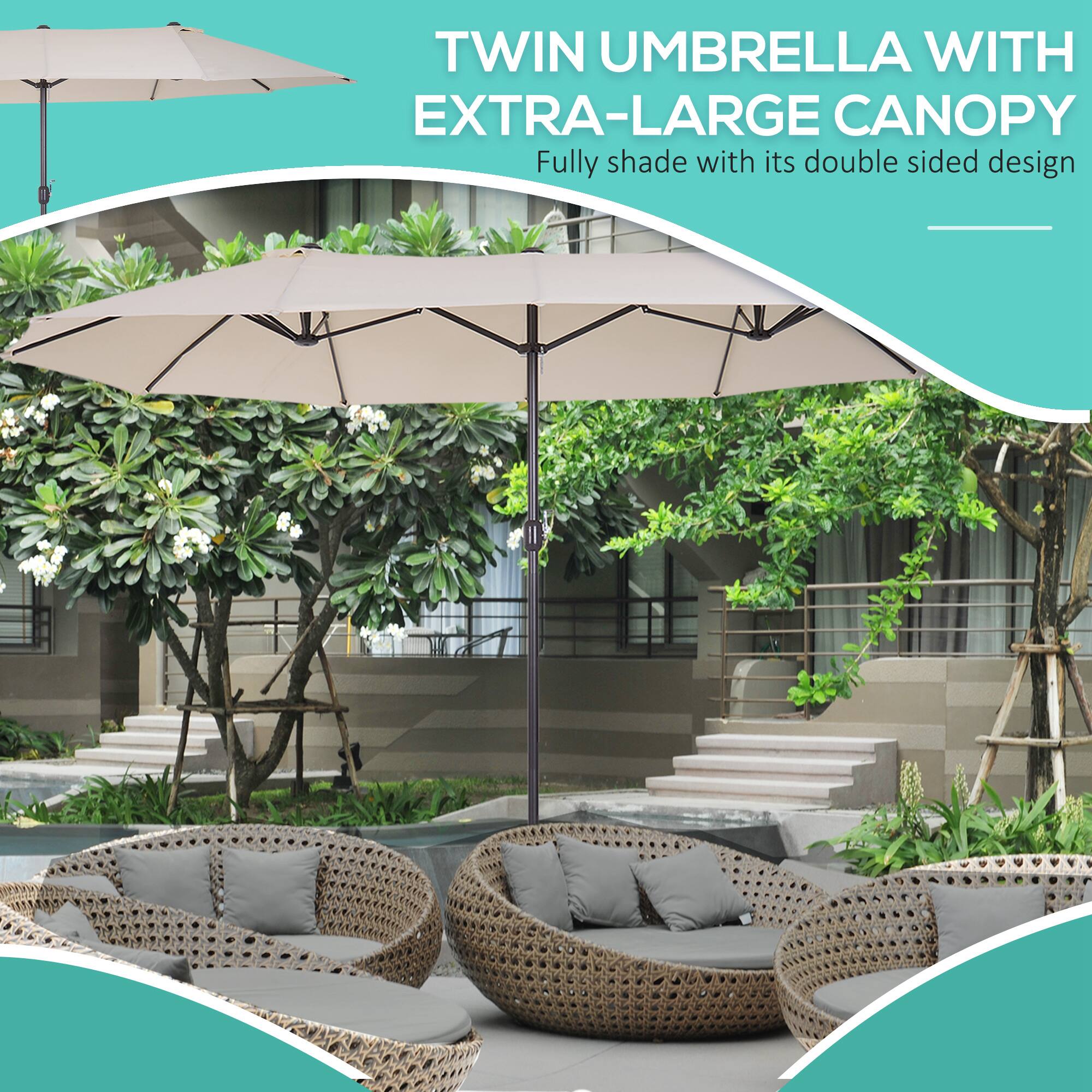 TWIN UMBRELLA WITH EXTRA-LARGE CANOPY
Fully shade with its double sided design
