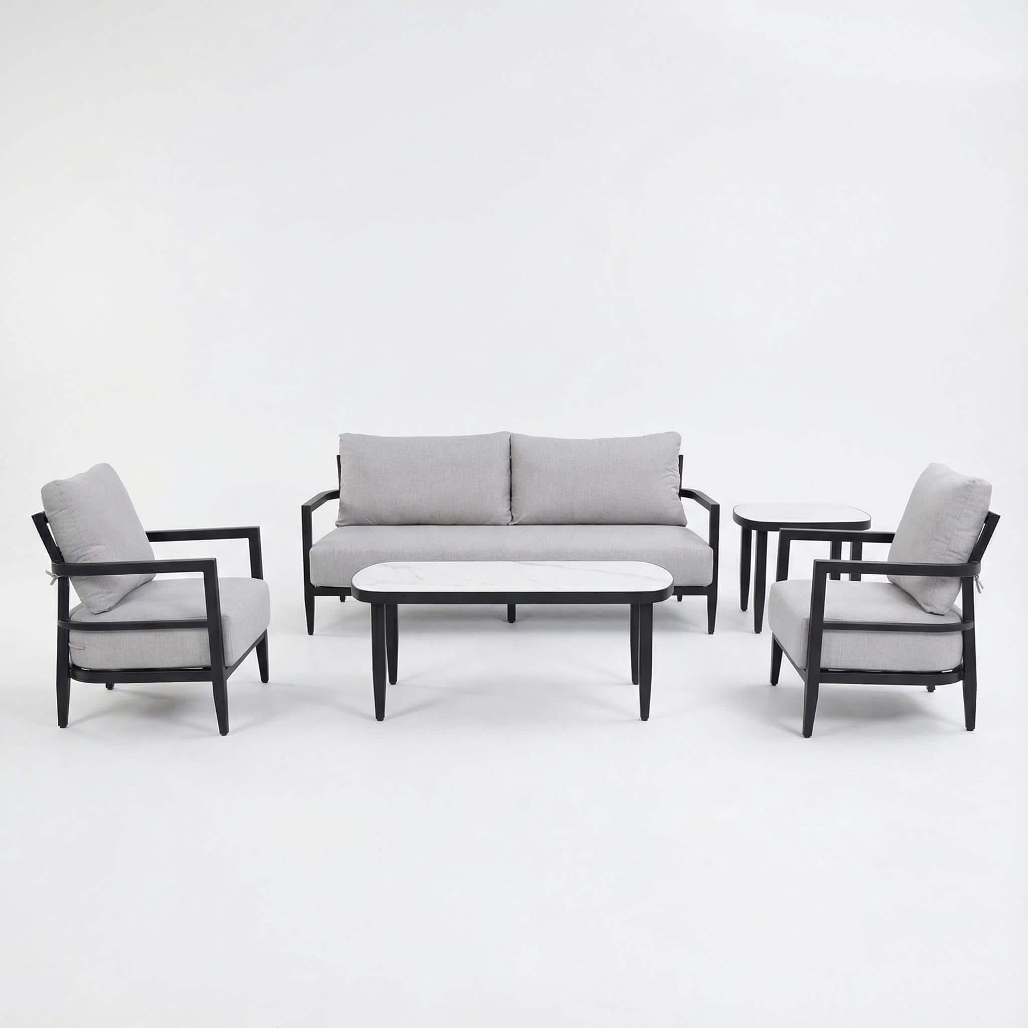 Mondawe - 5-Piece Outdoor Conversation Set with Fully Weld Club Chairs, Bench Sofa, Marble-Inspired Tables and Sunbrella Cushions - Ember Black+Grey