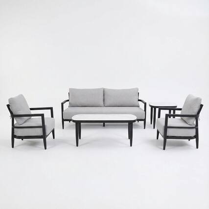 Front. Mondawe - 5-Piece Outdoor Conversation Set with Fully Weld Club Chairs, Bench Sofa, Marble-Inspired Tables and Sunbrella Cushions - Ember Black+Grey.
