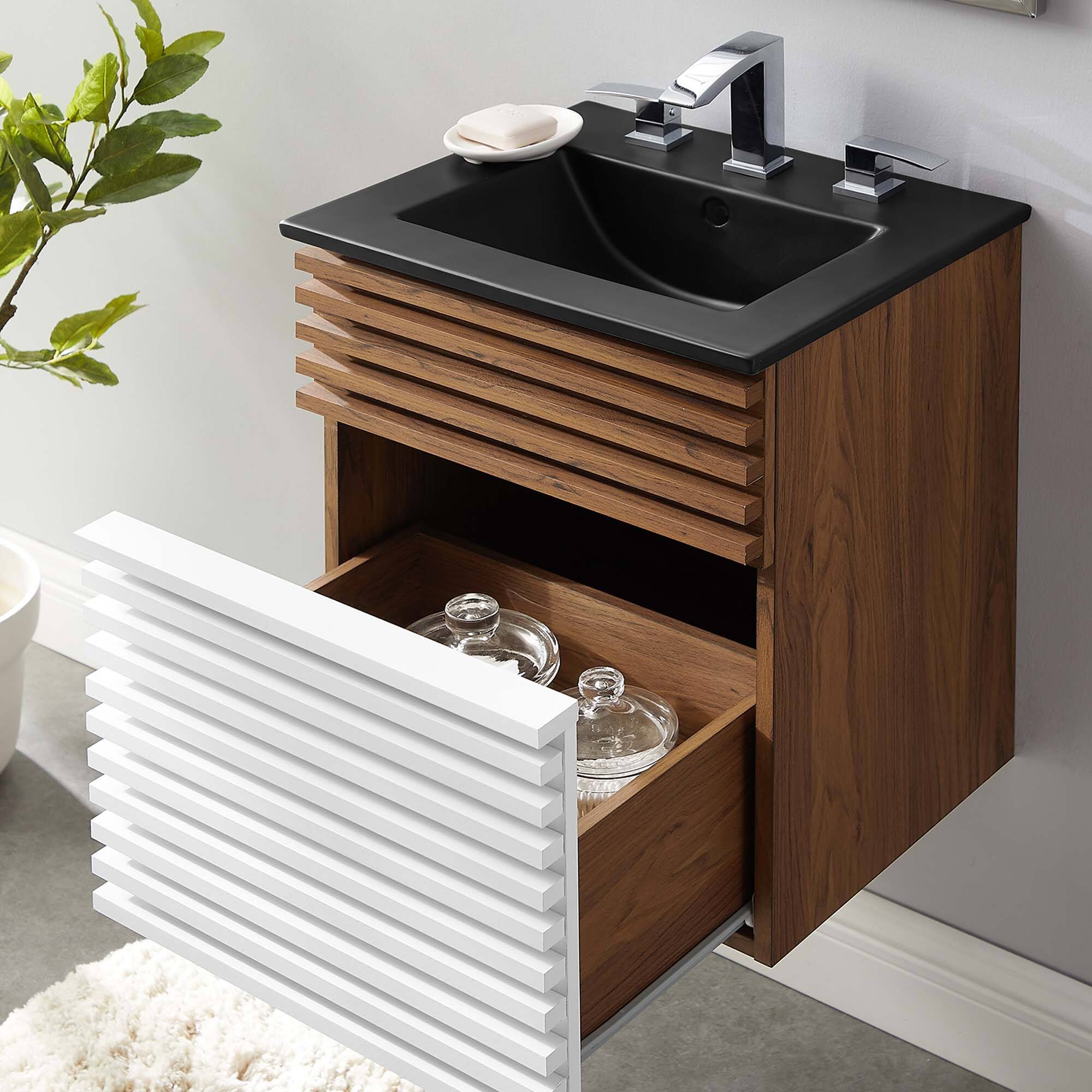 Back. Modway - Render Wall-Mount Bathroom Vanity with Black Basin Included - White Walnut Black.