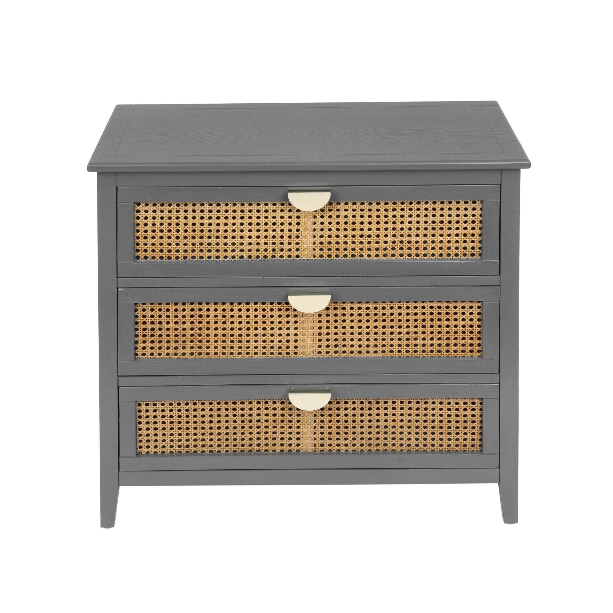 Left. Boyel Living - Gray 30 in. 3 Drawer Cabinet, Natural rattan Suitable for bedroom, living room, study - Gray.