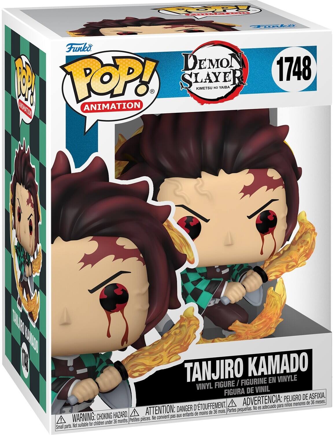 Sure, here is the corrected and grouped text from the image:

---

**Funko POP! ANIMATION**

**Demon Slayer Kimetsu no Yaiba**

**1748**

**TANJIRO KAMADO**

**VINYL FIGURE / FIGURINE EN VINYLE / FIGURA DE VINIL**

**WARNING: CHOKING HAZARD. Small parts. Not suitable for children under 36 months.**

**ATTENTION: DANGER D'ÉTOUFFEMENT. Petites pièces. Ne convient pas aux enfants de moins de 36 mois.**

**ADVERTENCIA: PELIGRO DE ASFIXIA. Partes pequeñas. No es adecuado para niños menores de 36 meses.**

---

This text is organized to reflect the information on the packaging.