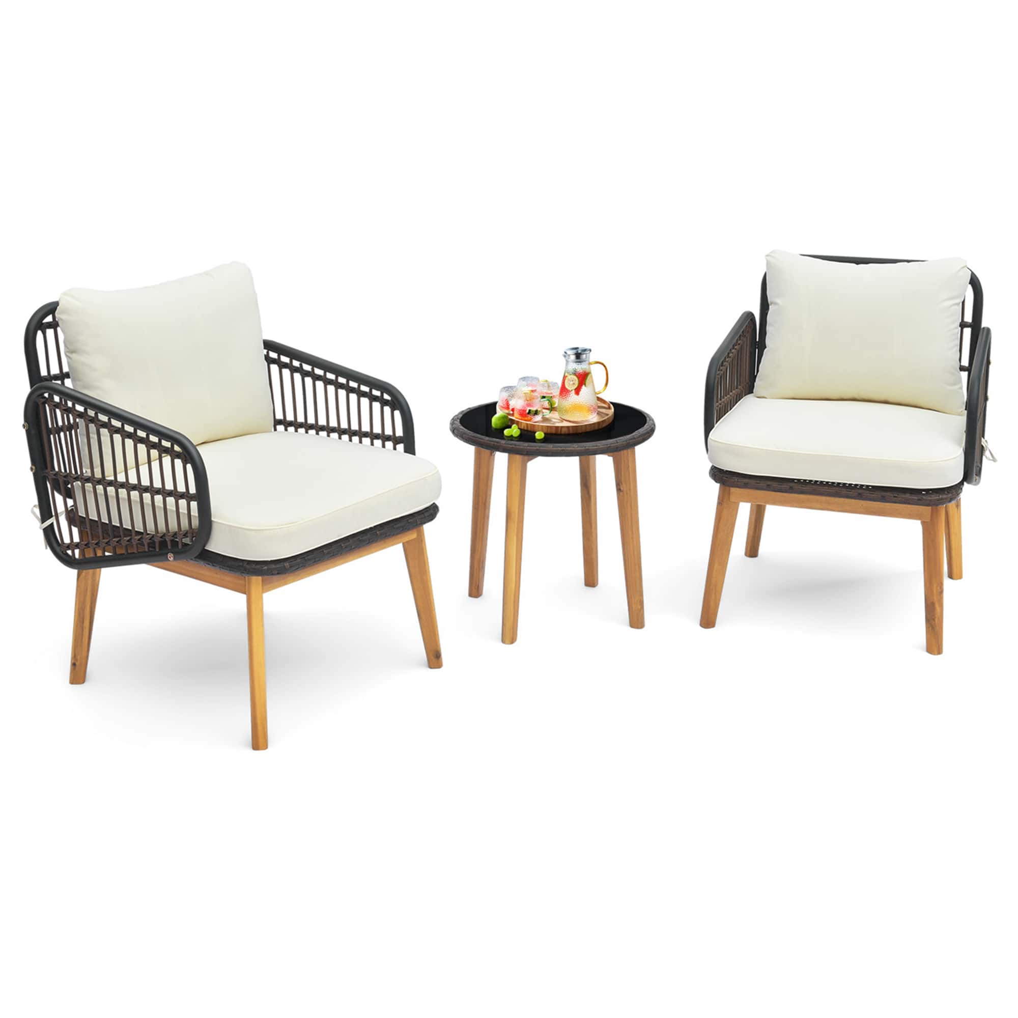Costway - 3 PCS Patio Furniture Set with Cushioned Chairs and Tempered Glass Side Table - Mix Brown,Off White