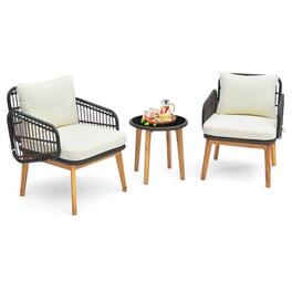 Costway - 3 PCS Patio Furniture Set with Cushioned Chairs and Tempered Glass Side Table - Mix Brown,Off White