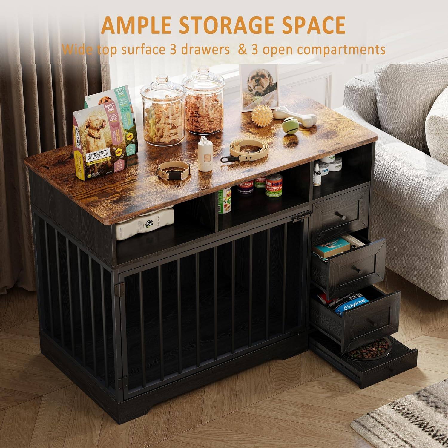 AMPLE STORAGE SPACE  
Wide top surface 3 drawers & 3 open compartments
