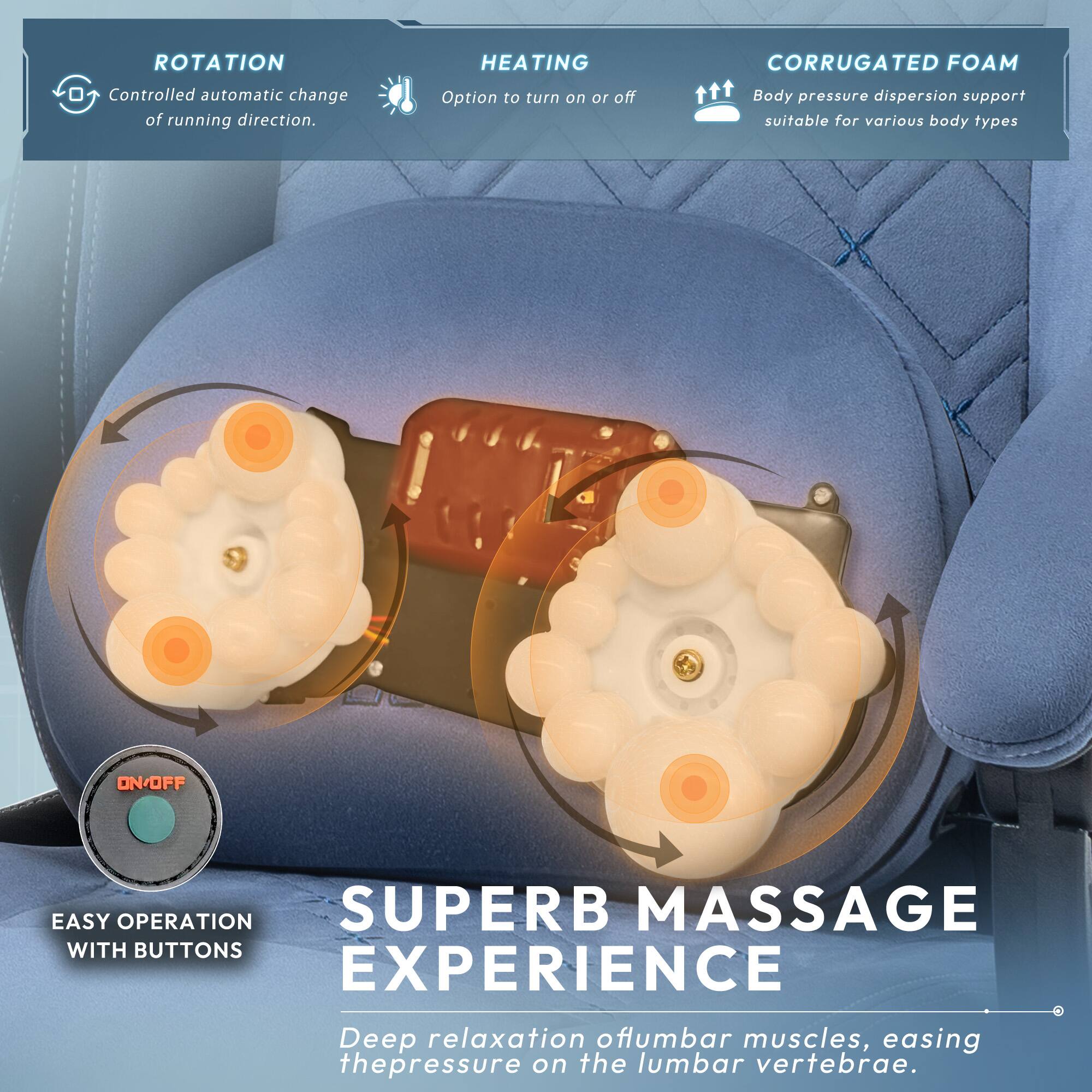 **ROTATION**  
Controlled automatic change of running direction.

**HEATING**  
Option to turn on or off.

**CORRUGATED FOAM**  
Body pressure dispersion support suitable for various body types.

**EASY OPERATION WITH BUTTONS**  
SUPERB MASSAGE EXPERIENCE  
Deep relaxation of lumbar muscles, easing the pressure on the lumbar vertebrae.