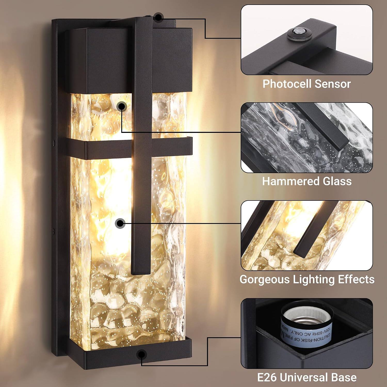 Photocell Sensor  
Hammered Glass  
Gorgeous Lighting Effects  
ONLY AC ZH09 FIREM OF CAUTION-RISK  
E26 Universal Base