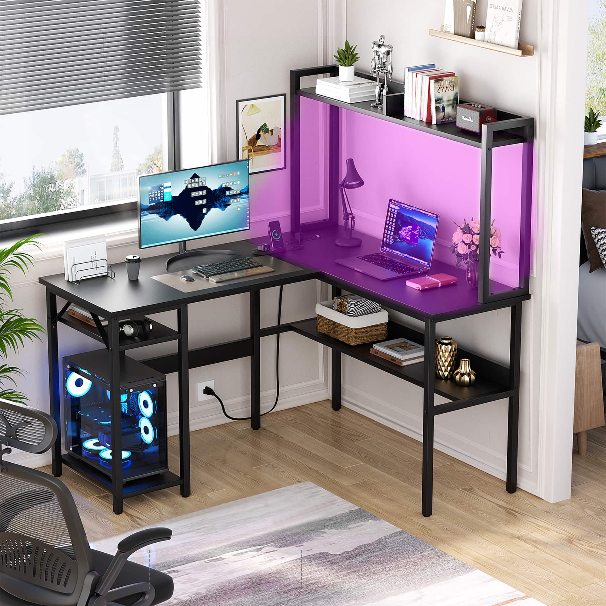 Aheaplus - 47.3'' L Shaped Desk with Hutch, Small Corner Desk with Outlets & RGB LED Light Strip - Black
