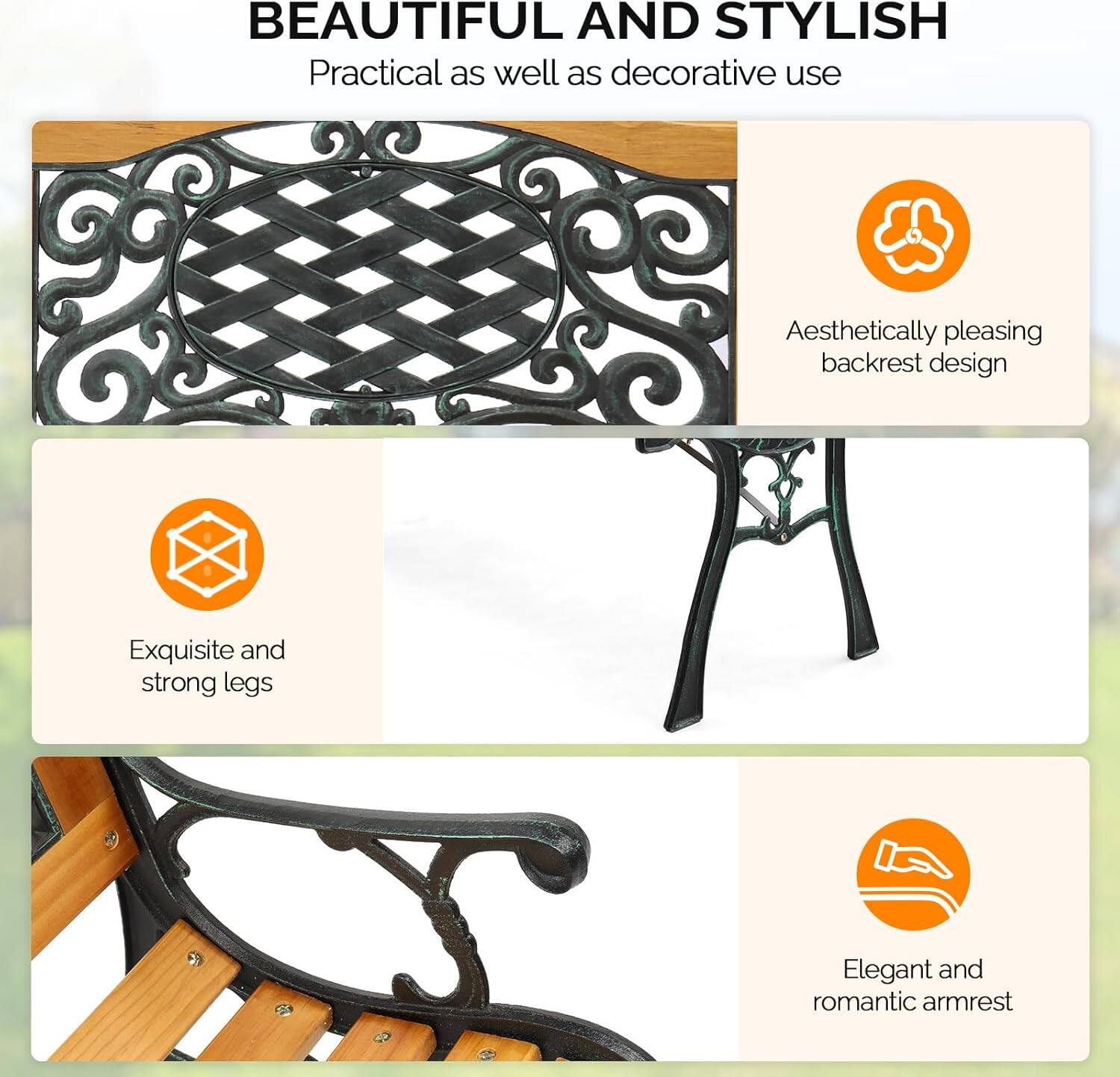 BEAUTIFUL AND STYLISH  
Practical as well as decorative use  

- Aesthetically pleasing backrest design  
- Exquisite and strong legs  
- Elegant and romantic armrest