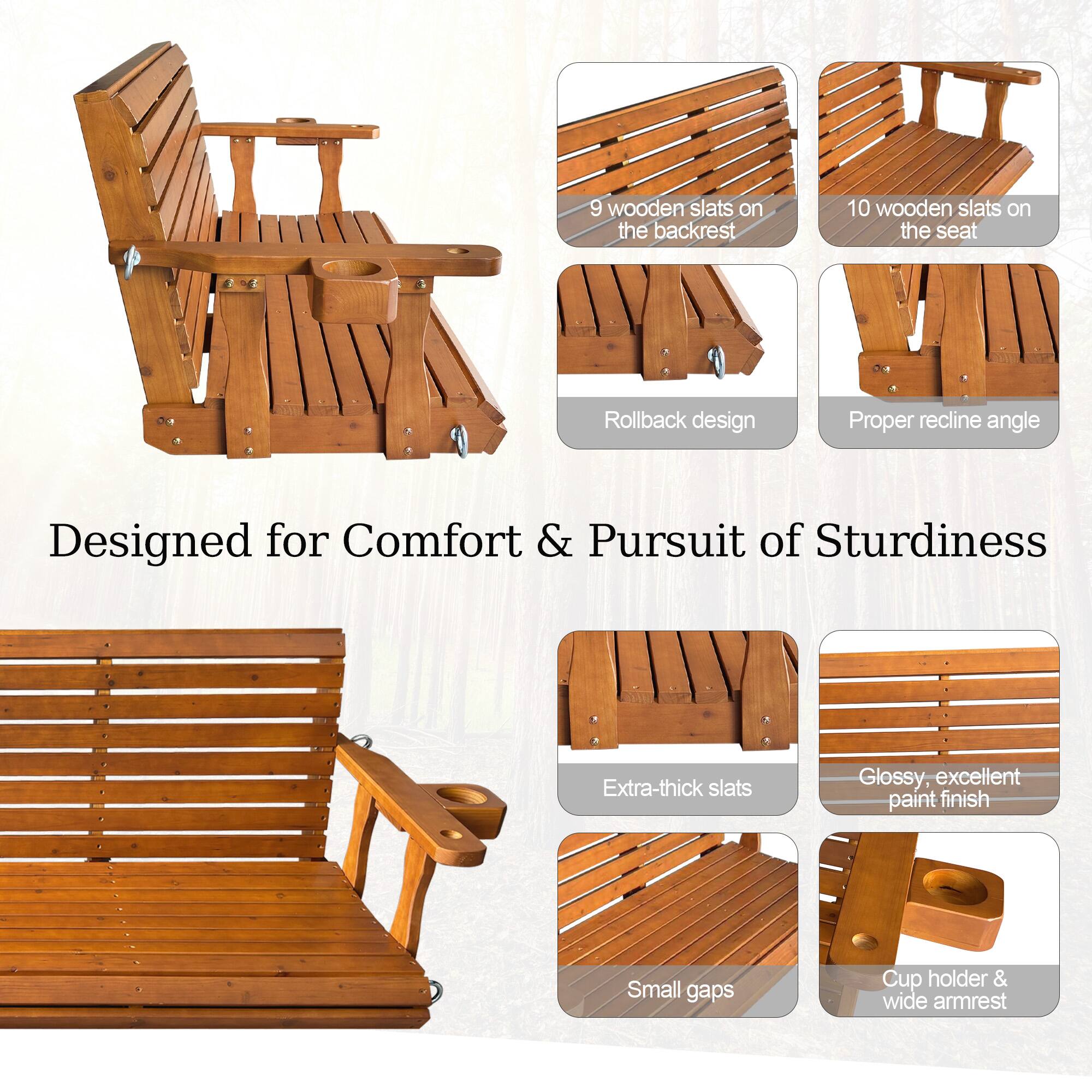 9 wooden slats on the backrest  
10 wooden slats on the seat  
Rollback design  
Proper recline angle  
Designed for Comfort & Pursuit of Sturdiness  
Extra-thick slats  
Glossy, excellent paint finish  
Small gaps  
Cup holder & wide armrest