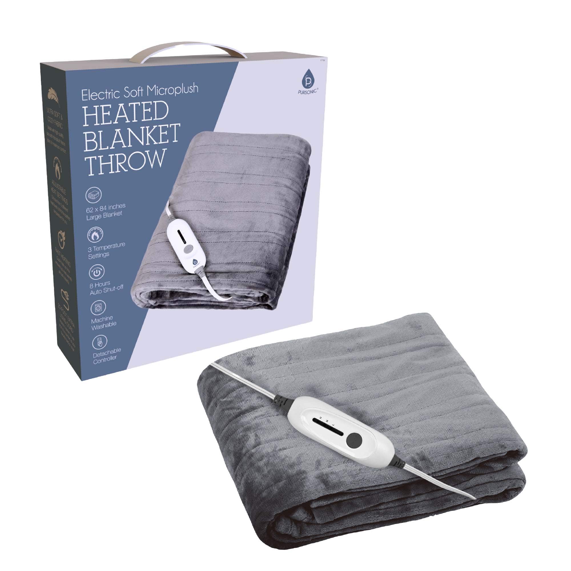 Pursonic - Electric Soft Microplush Heated Blanket Throw – 62x84 Inches, Fast Heating with 3 Temperature Settings - Grey