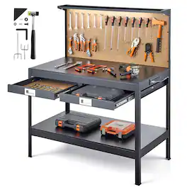 VEVOR - Hardwood Workbench, 242.5 lbs Weight Capacity, 47.2-inch Heavy Duty Workbench with Pegboard, 4 AC Outlets & 2 USB Ports - Black