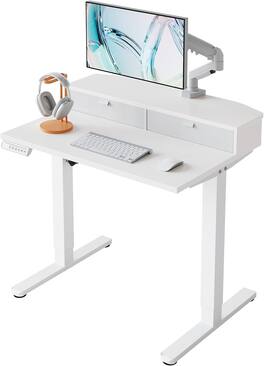 HUANUO - Height Adjustable Electric Standing Desk, 32"×21" with 4 Presets, C-Clamp Compatible,Drawers & Hooks - White