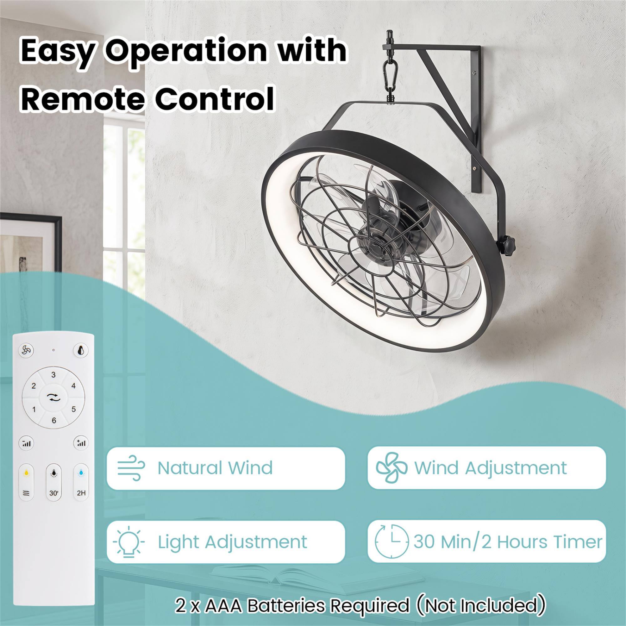 Easy Operation with Remote Control

- Natural Wind
- Wind Adjustment
- Light Adjustment
- 30 Min/2 Hours Timer
- 2 x AAA Batteries Required (Not Included)