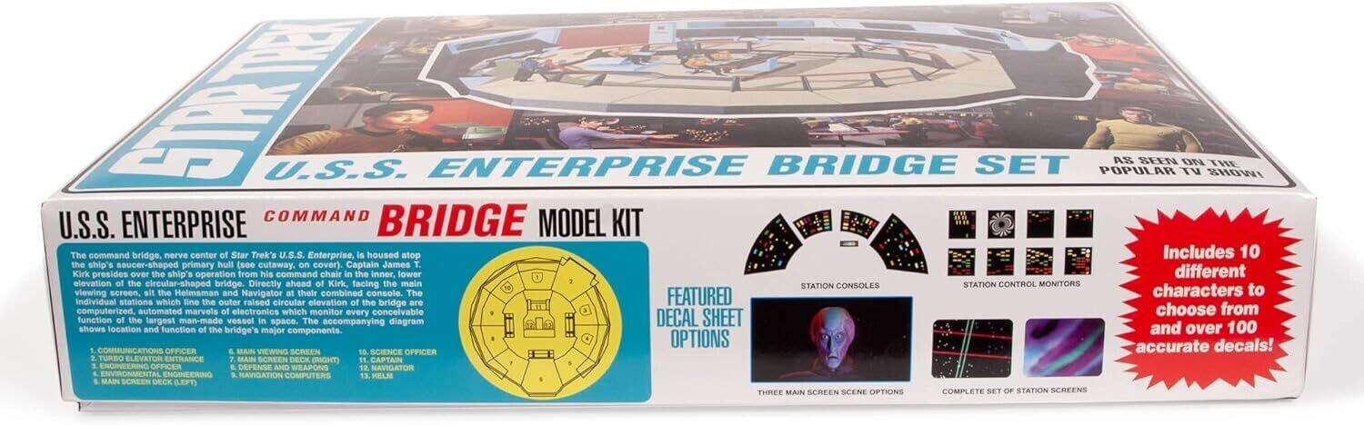 U.S.S. ENTERPRISE COMMAND BRIDGE MODEL KIT BRIDGE SET POPULAR AS SEEN ON TV SHOW! THE command bridge, nerve center of Star Trek's U.S.S. Enterprise, is housed atop the ship's saucer-shaped primary hull (see cutaway cover). Captain James T. Kirk presides over the ship's operation from his command chair in the inner, lower elevation of the circular-shaped bridge. Directly ahead of Kirk, facing the main viewing screen, are the Helmaman and Navigator at their combined console stations. The characters to individual stations which line the outer raised circular elevation of the bridge are computerized, automated marvels of electronics which monitor every conceivable function of the largest man-made vessel in space. The accompanying diagram shows location and function of the bridge's major components. and over 100 accurate decals! Includes 10 different characters to choose from and over 100 accurate decals!