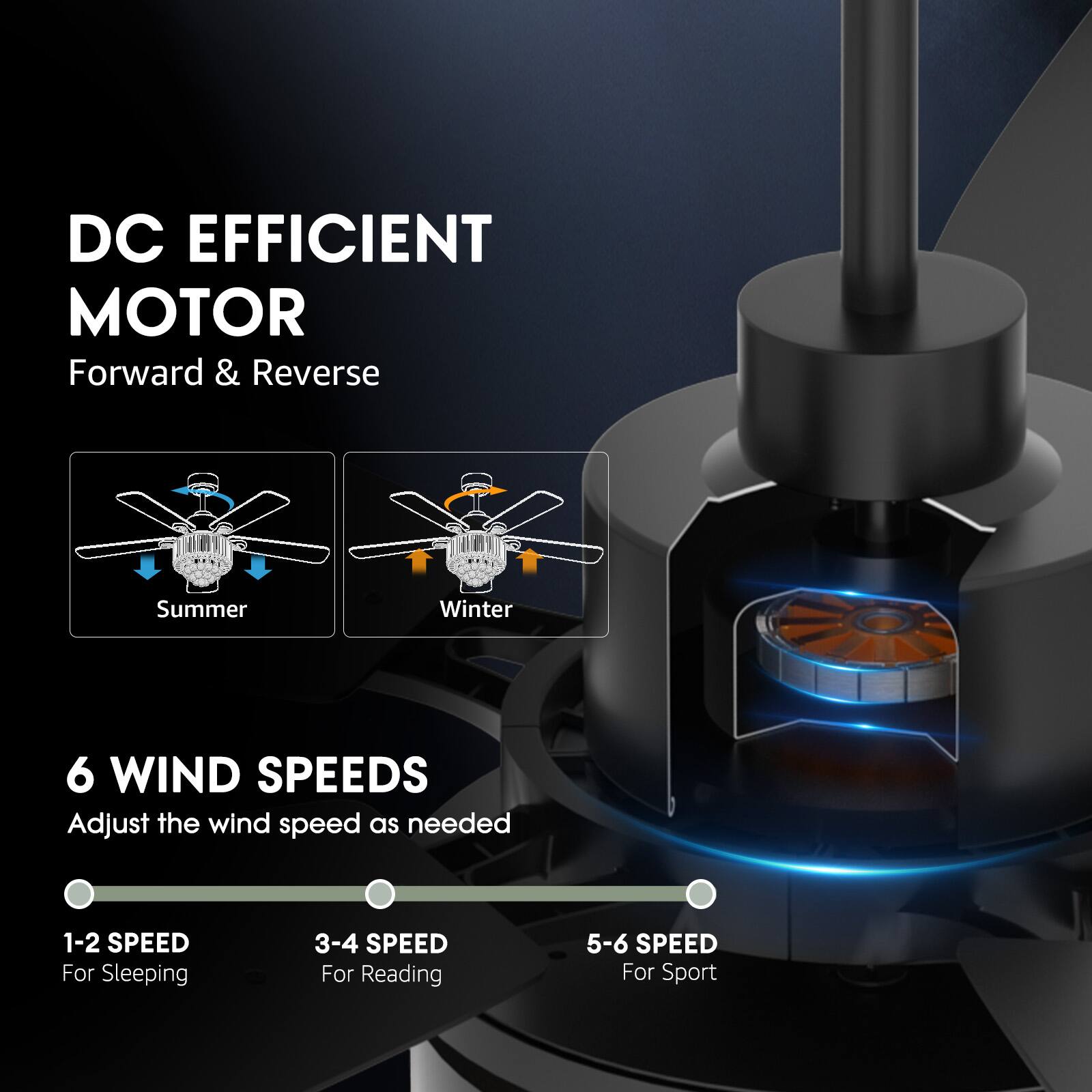 DC EFFICIENT MOTOR  
Forward & Reverse  

6 WIND SPEEDS  
Adjust the wind speed as needed  

1-2 SPEED  
For Sleeping  

3-4 SPEED  
For Reading  

5-6 SPEED  
For Sport