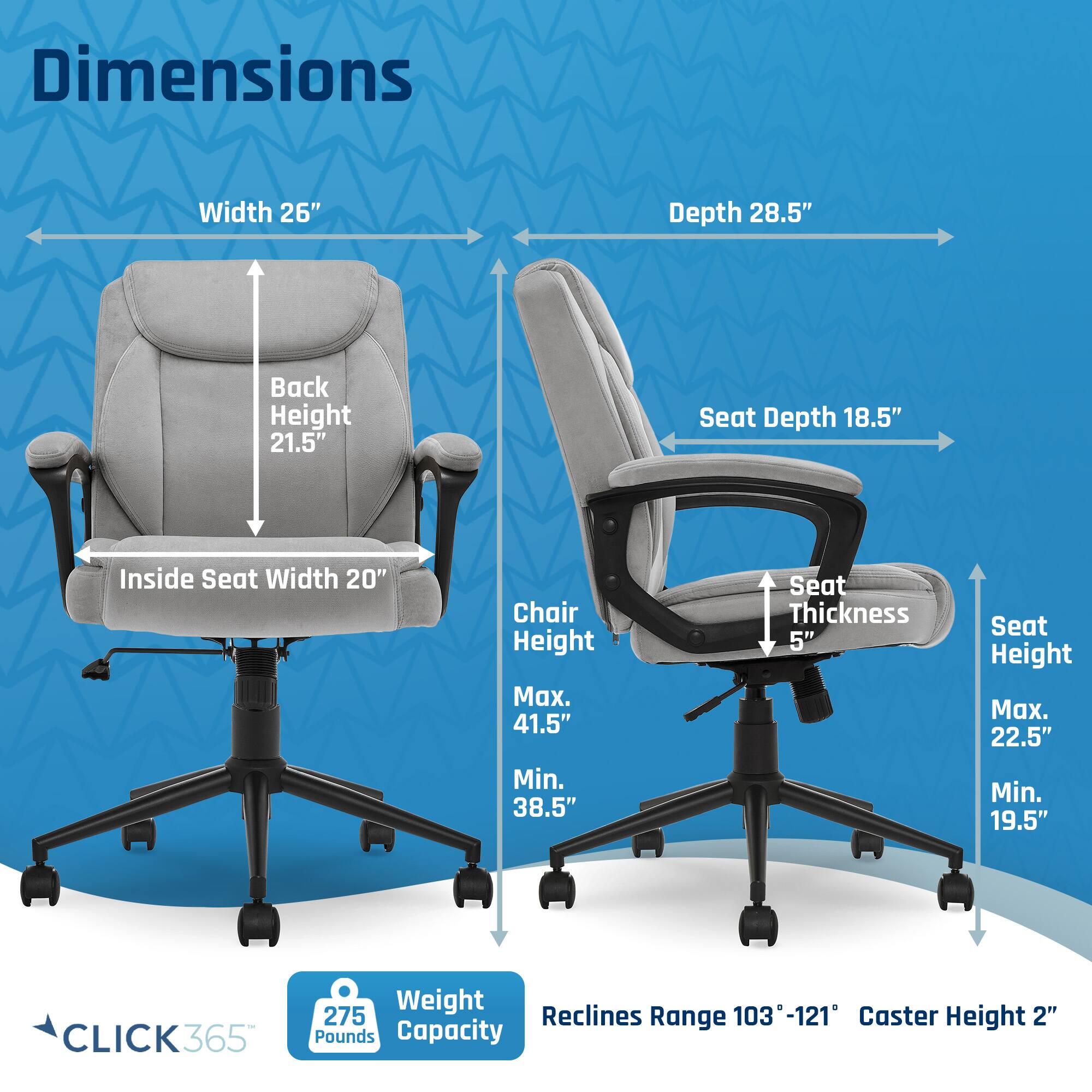The image features two chairs with their dimensions labeled. The first chair is a standard chair with a width of 26 inches, a depth of 28.5 inches, a back height of 21.5 inches, a seat depth of 18.5 inches, an inside seat width of 20 inches, a chair height of up to 41.5 inches, a minimum seat height of 38.5 inches, a seat thickness of 5 inches, and a seat height of up to 22.5 inches. The second chair is a reclining chair with a weight capacity of 365 pounds. The dimensions of the second chair are not provided in the image.