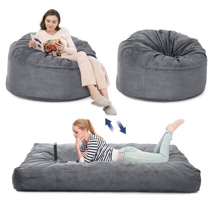 Front. Acekool - 2-in-1 Bean Bag Chair Bed, Convertible Corduroy Couch from Chair to Mattress, Large Floor Sofa with Washable Cover - Light Gray.