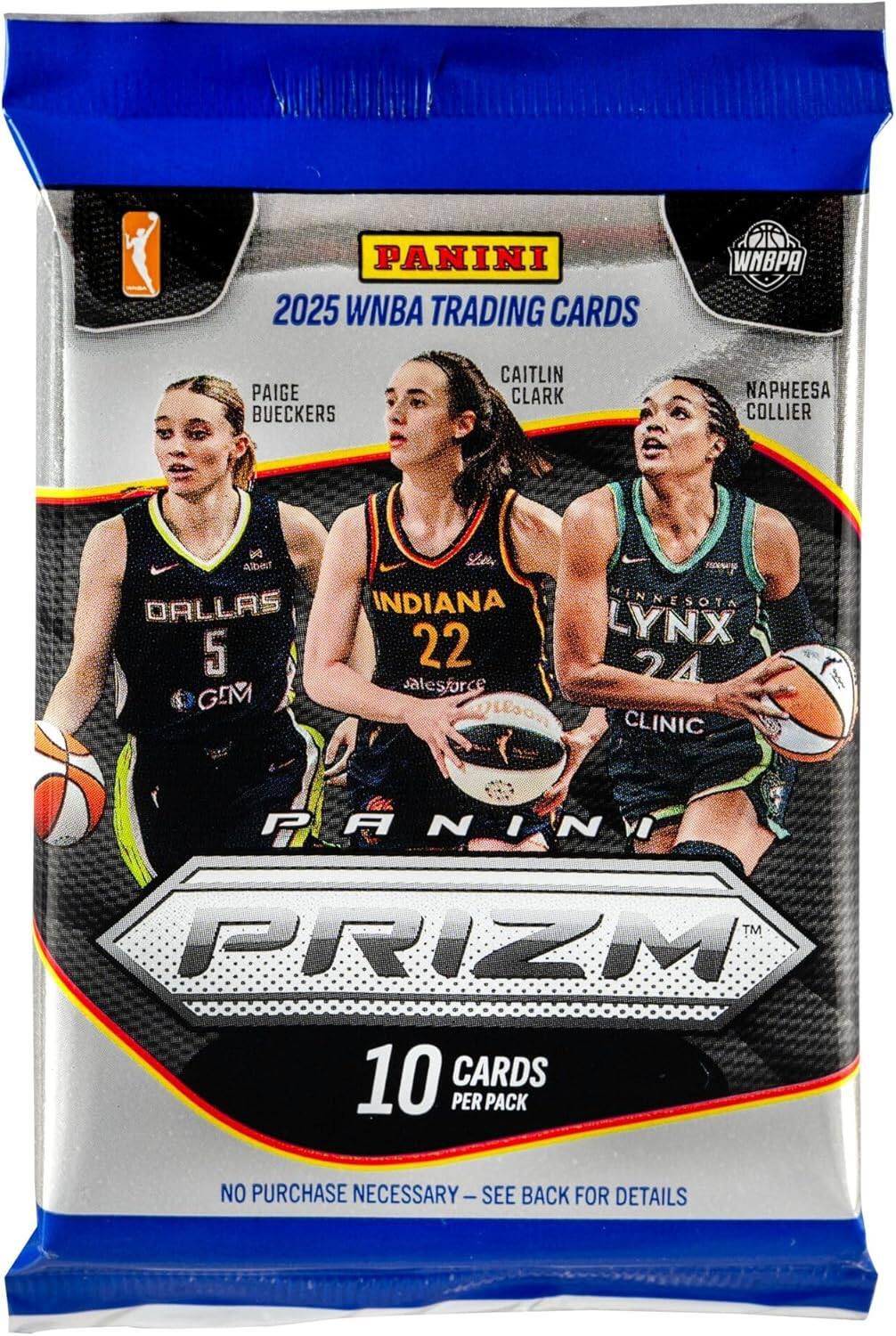 PANINI 2025 WNBA TRADING CARDS WNBPA  
PAIGE BUECKERS  
CAITLIN CLARK  
NAPHEESA COLLIER  
DALLAS 5  
INDIANA 22  
MINNESOTA 24  
PANINI PRIZM  
10 CARDS PER PACK  
NO PURCHASE NECESSARY - SEE BACK FOR DETAILS