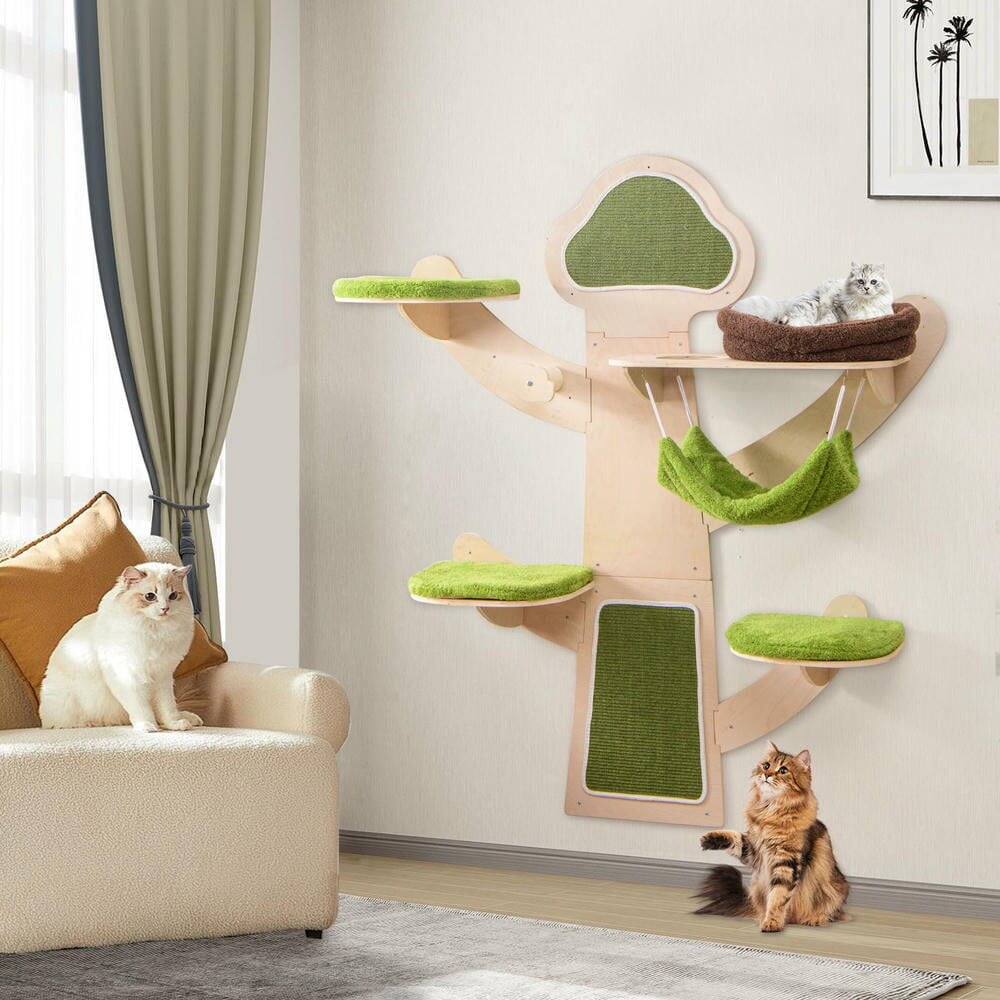 Alt View 4. Kadyn - Wall-Mounted Cat Shelves with Plush Bed Furniture Set, Green - Green.