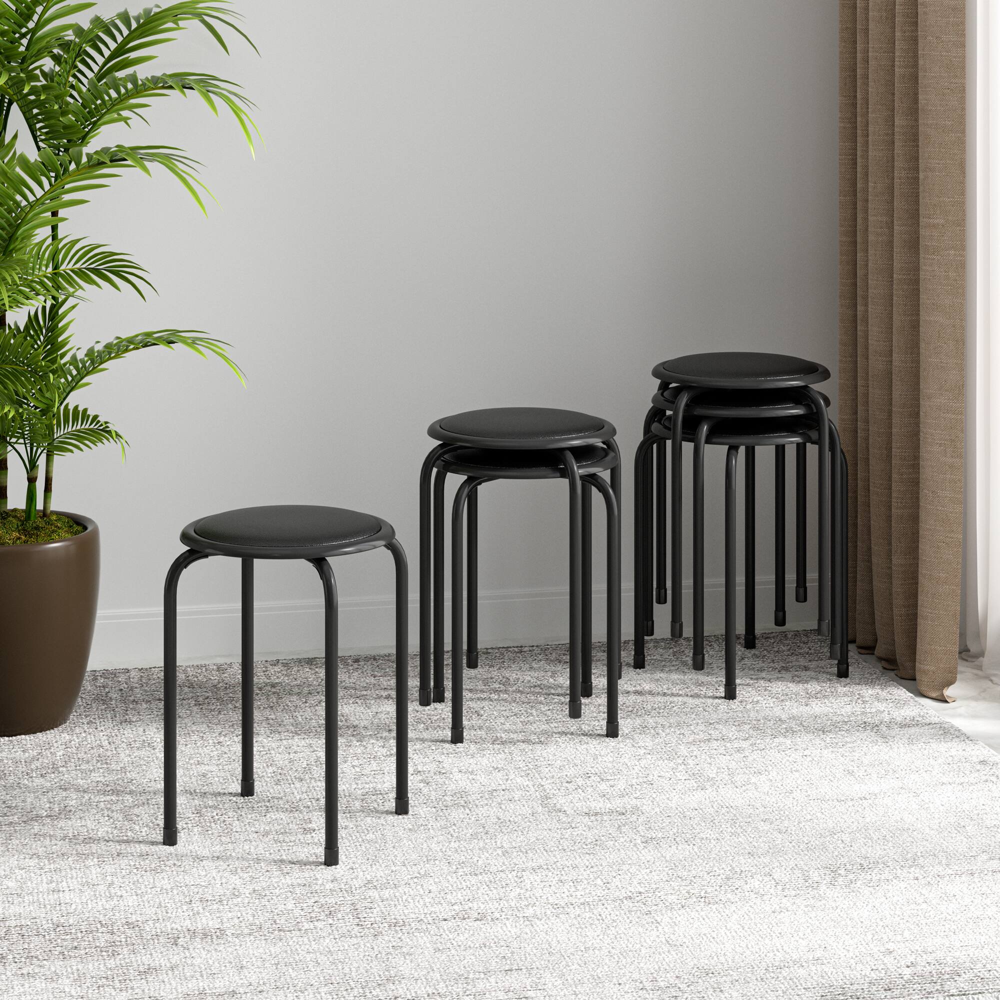 Alt View 6. Vecelo - 6-Pack Steel Stack Stools, Portable Stackable Backless School Stools with Pu Leather, Round Classroom Decoration Stools - Black.