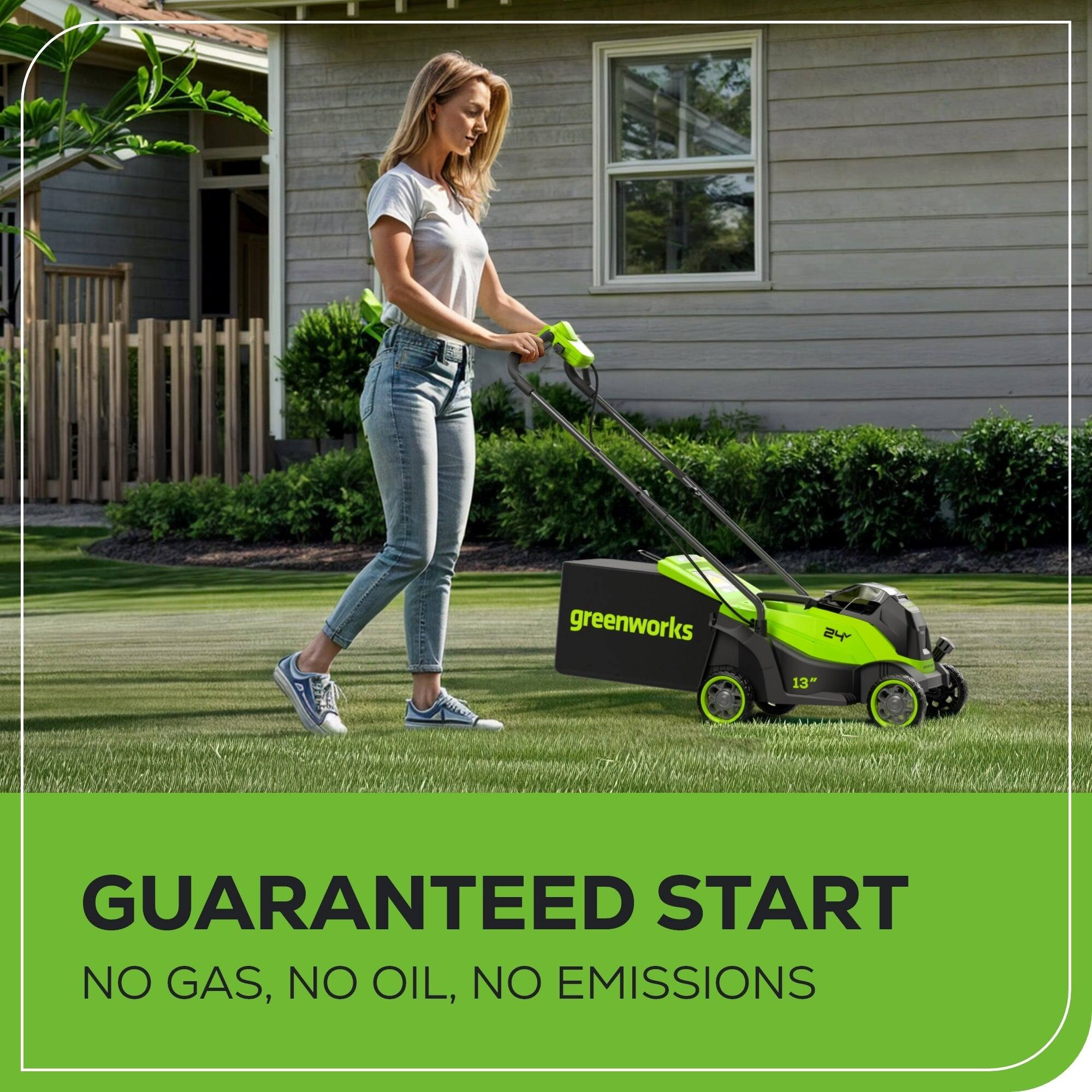 greenworks 13" GUARANTEED START NO GAS, NO OIL, NO EMISSIONS
