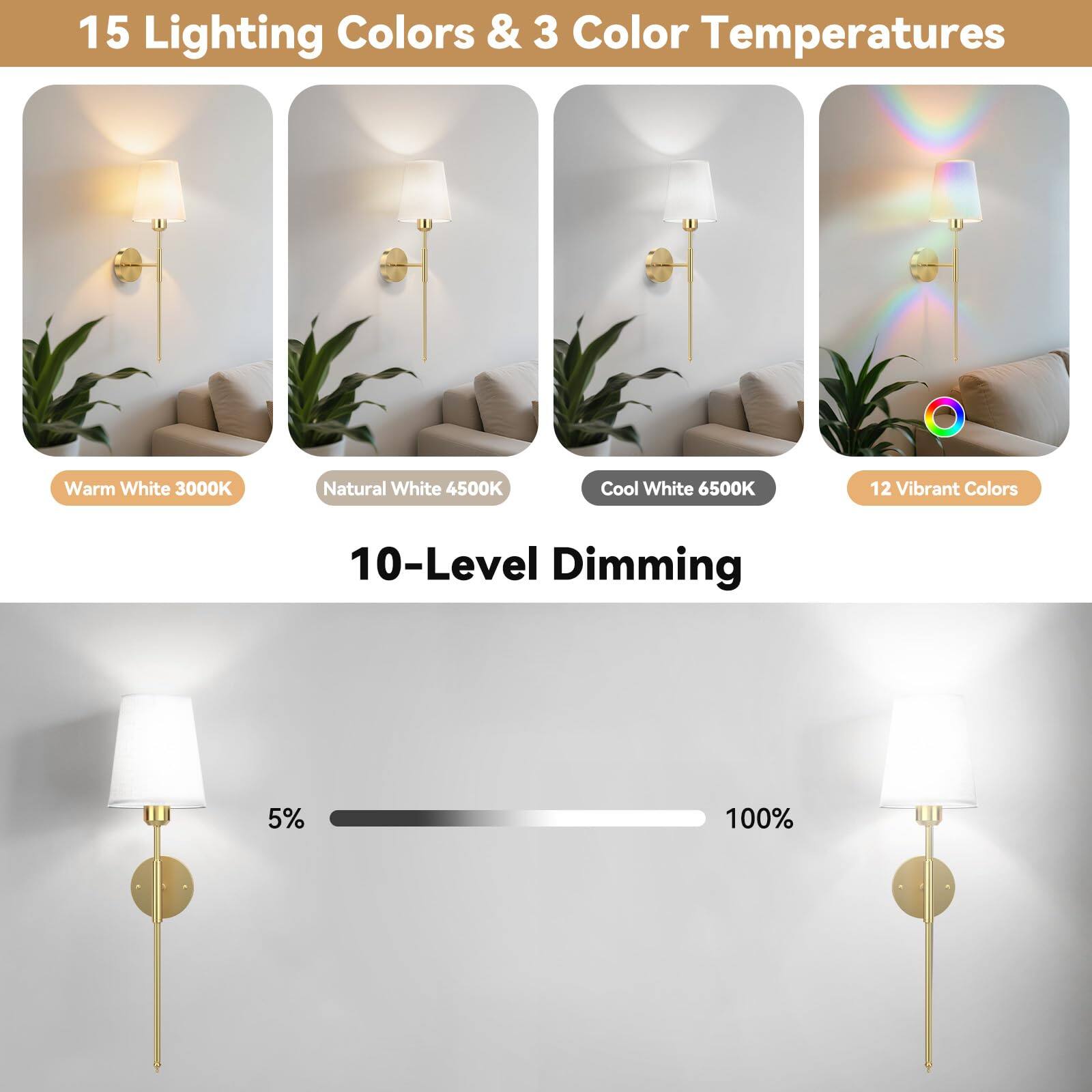 15 Lighting Colors & 3 Color Temperatures

- Warm White 3000K
- Natural White 4500K
- Cool White 6500K
- 12 Vibrant Colors

10-Level Dimming

- 5%
- 100%