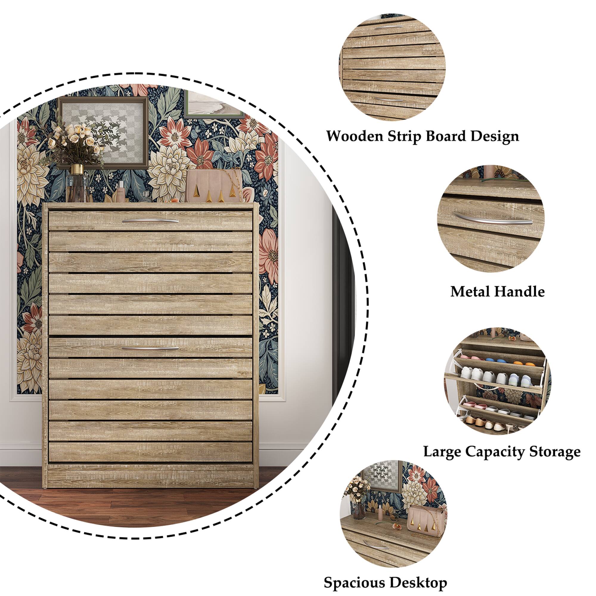 Wooden Strip Board Design, Metal Handle, Large Capacity Storage, Spacious Desktop