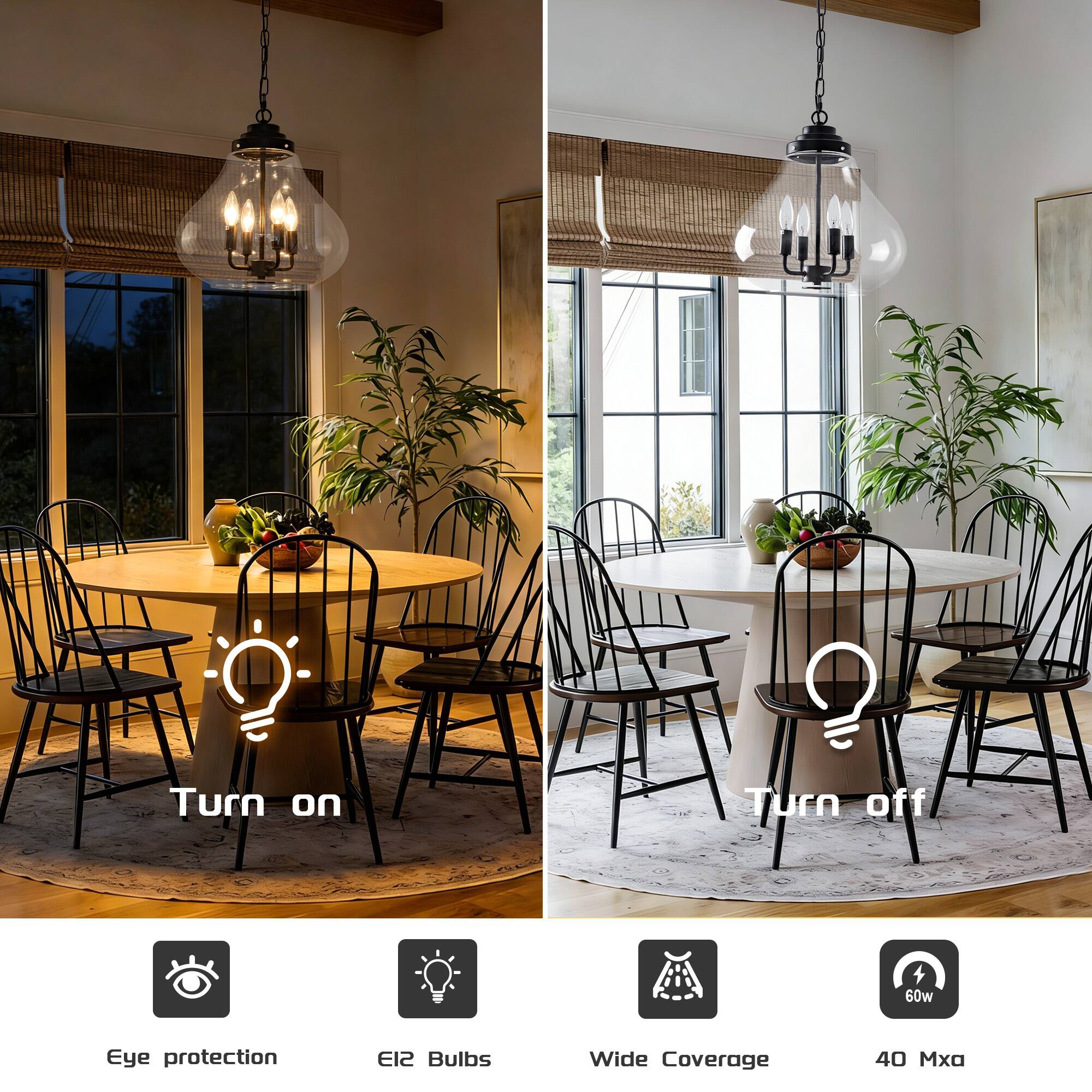 Turn on  
Turn off  

Eye protection  
E12 Bulbs  
Wide Coverage  
60w  
40 Mxa