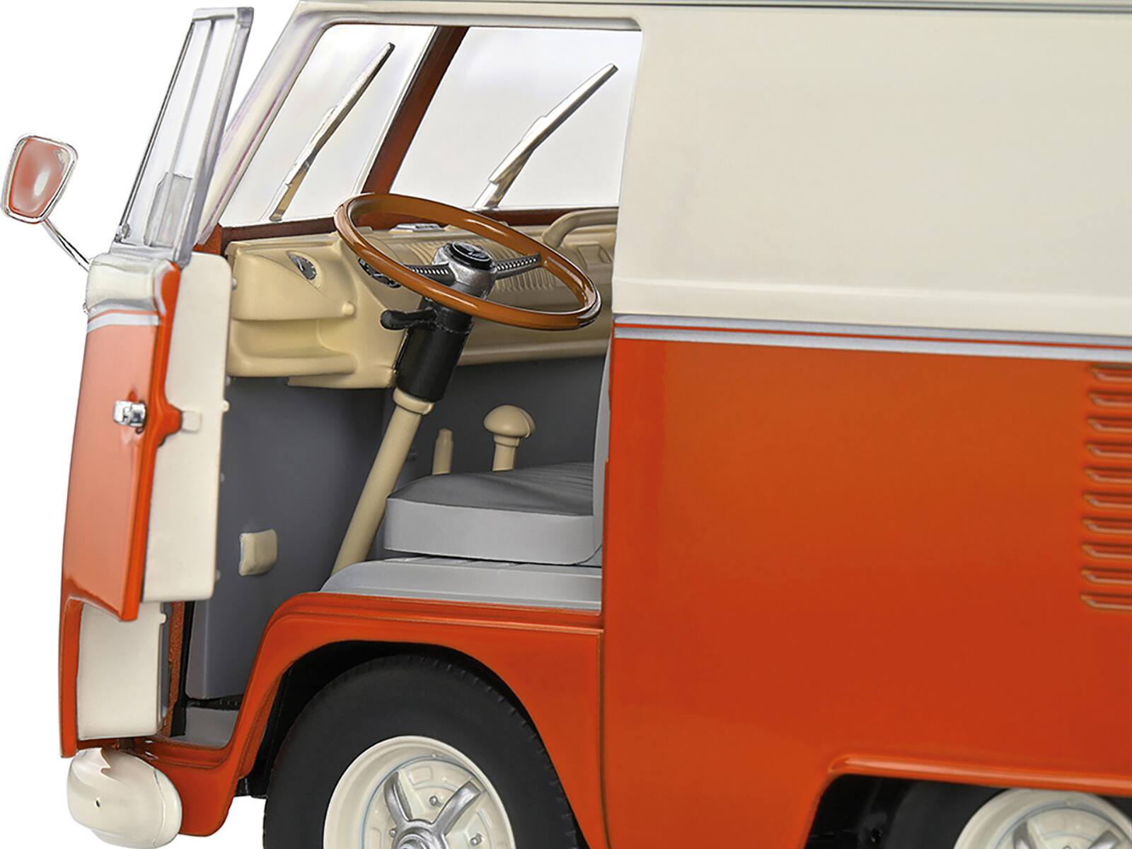Angle. Solido - 1950 Volkswagen Kool Kombi Van with Trailer Orange and White 1/18 Diecast Model Car by Solido - Orange and White.