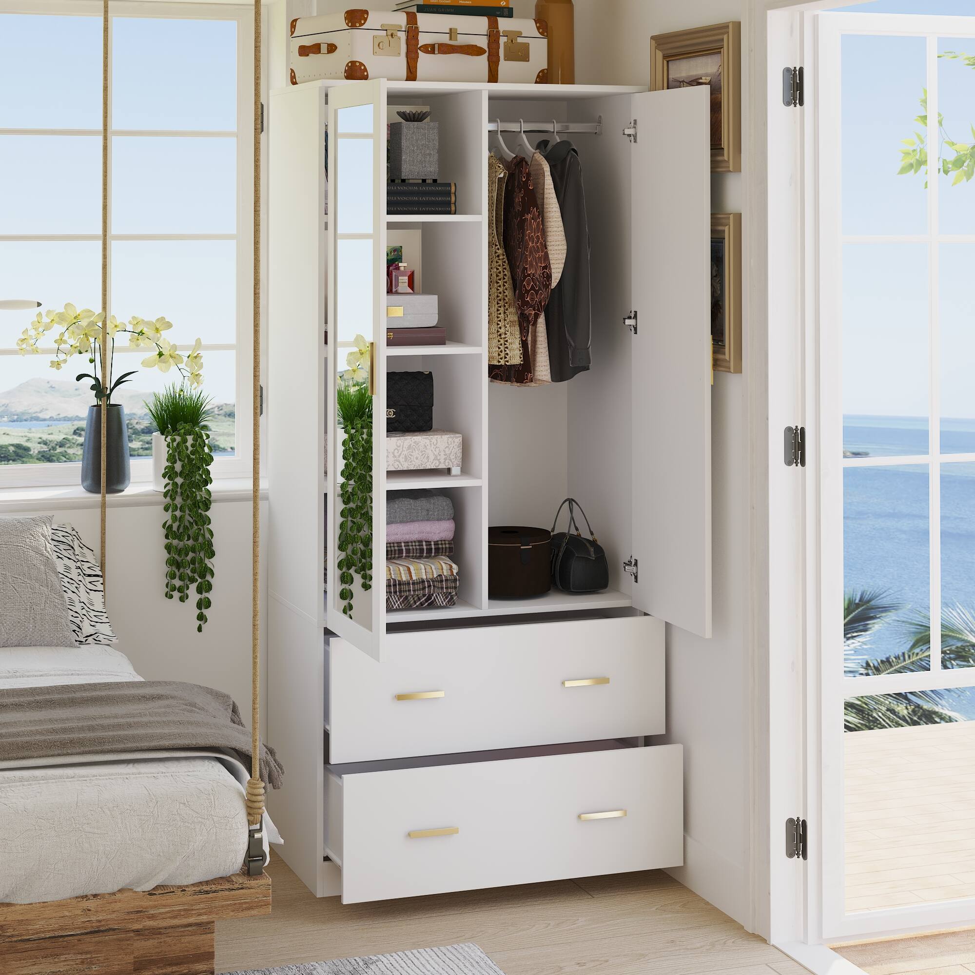 Left. FUFU & GAGA - Luxury Single Wardrobe with Mirror for Bedroom, Compact Closet with Hanging Rod, Drawer & Shelves, Small Space Storage - White.