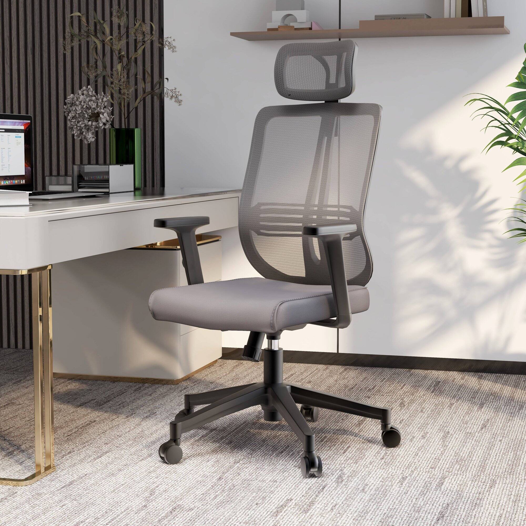 Angle. LeisureMod - Nift Mesh Office Desk Chair with Headrest, Adjustable Height, Tilt, Armrests & Durable ABS Frame - Grey.