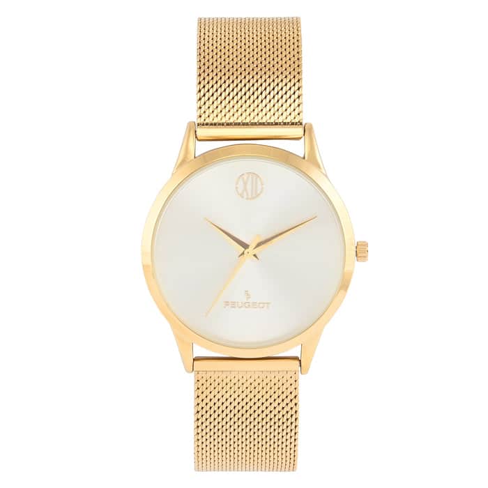 Peugeot - Men's 40mm Wafer Slim Champagne Dial Plated Case Watch with Mesh Band - Gold