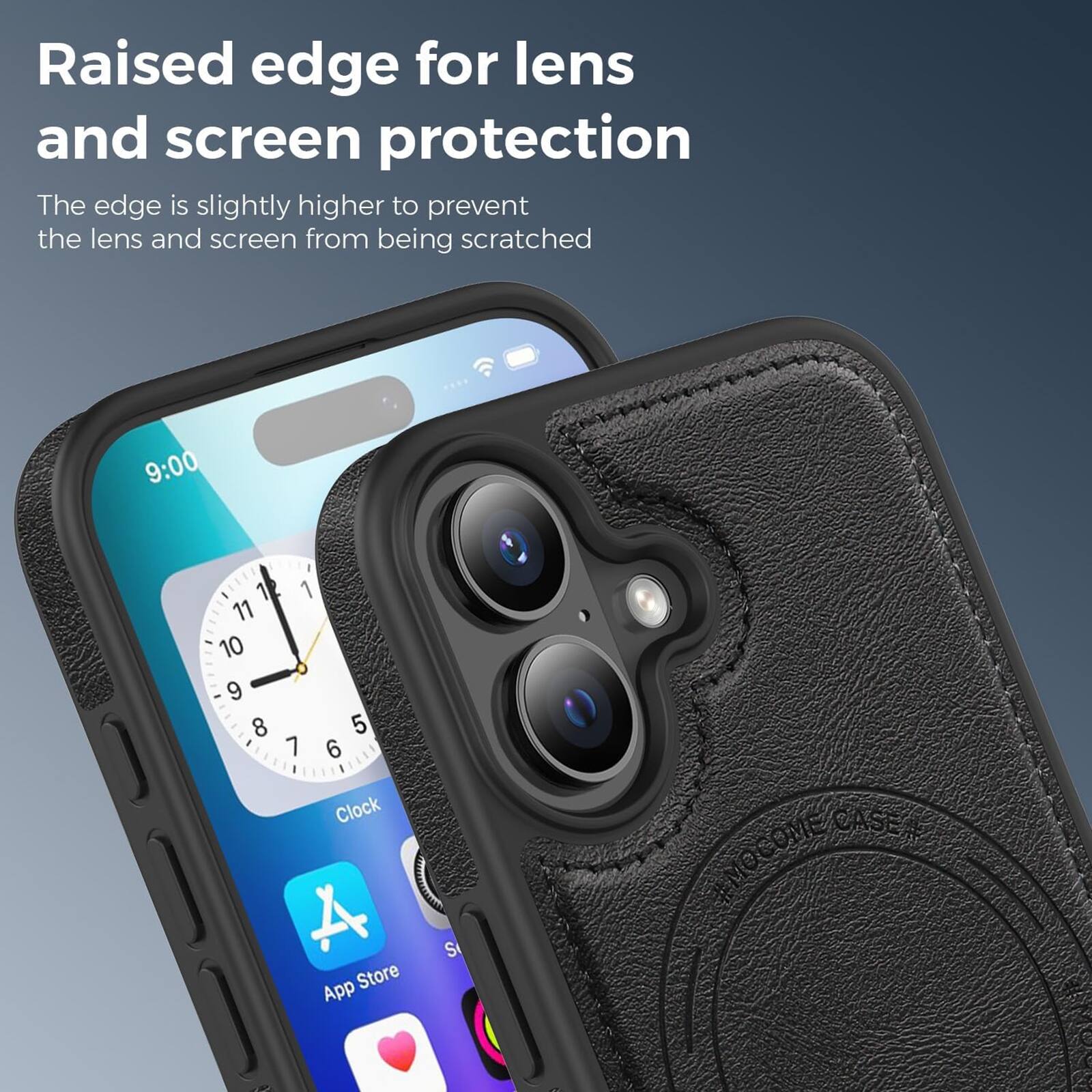 Raised edge for lens and screen protection  
The edge is slightly higher to prevent the lens and screen from being scratched  

9:00  
1 11 10 9 8 1 5 7 6  

Clock  
NA  
S  
App Store  

CASE# MOCOME