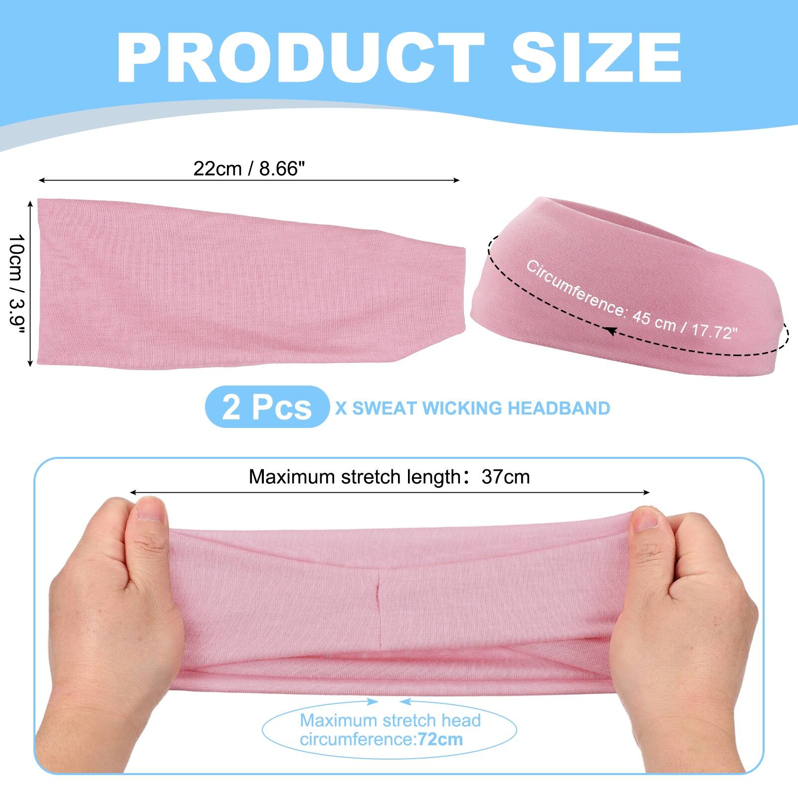 PRODUCT SIZE

22cm / 8.66"  
10cm / 3.9"  
Circumference: 45 cm / 17.72"  

2 Pcs X SWEAT WICKING HEADBAND  

Maximum stretch length: 37cm  
Maximum stretch head circumference: 72cm