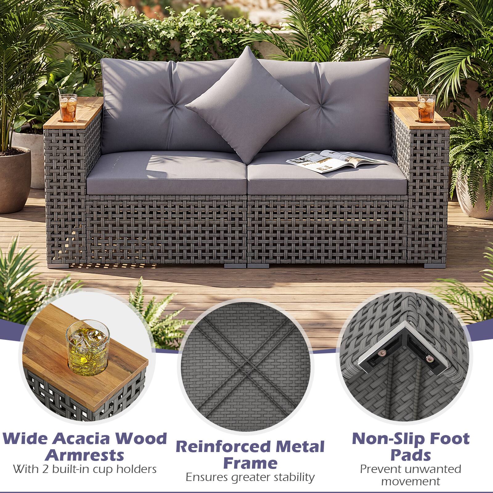 Wide Acacia Wood Non-Slip Foot Reinforced Metal Armrests Pads With 2 built-in cup holders Frame Prevent unwanted movement Ensures greater stability