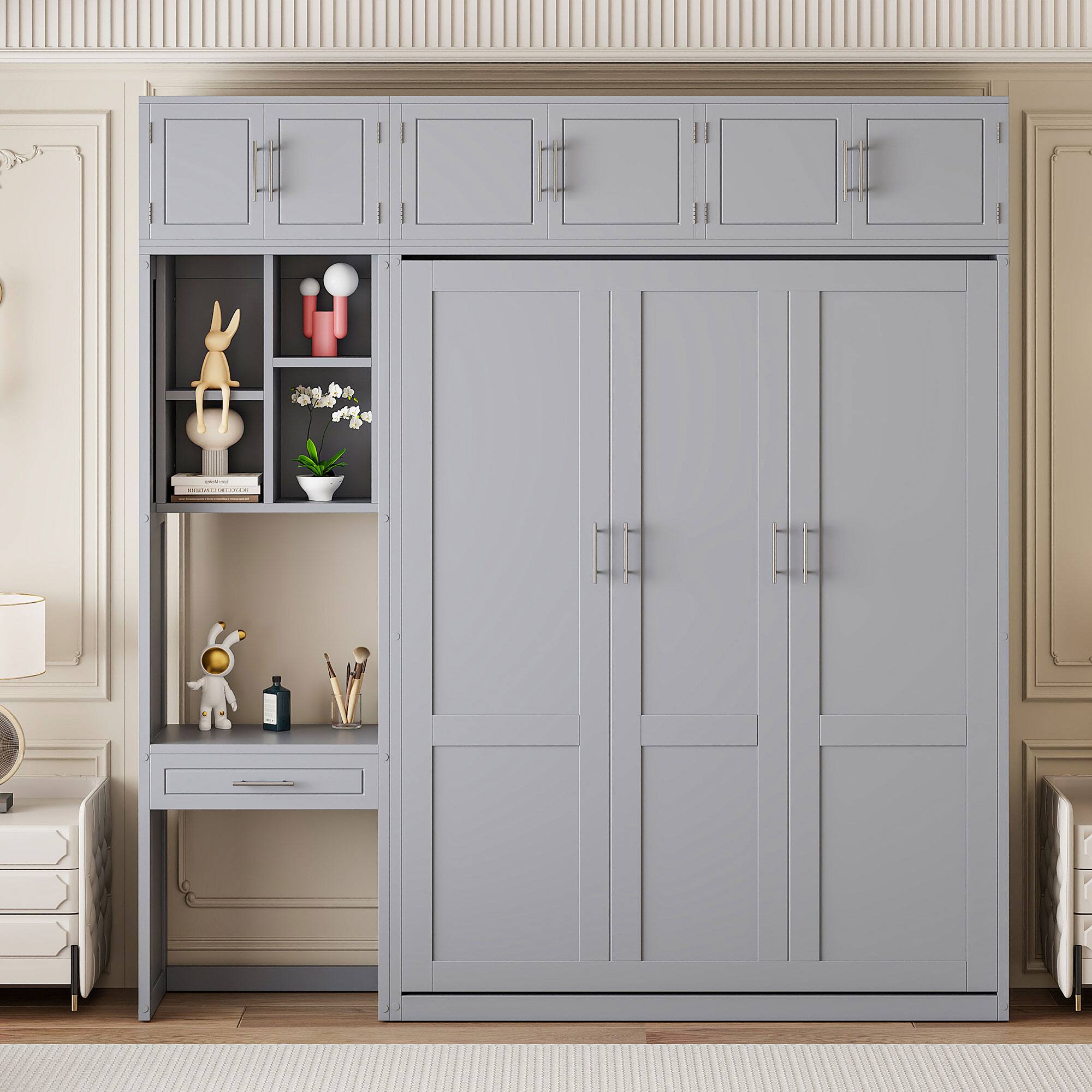 Angle. Tiramisubest - Queen Size Murphy Bed with Desk, Storage, Foldable, Gray - Gray.