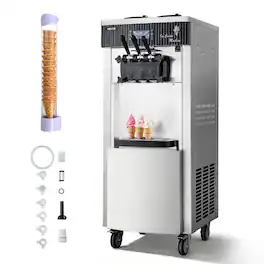 VEVOR - Commercial Ice Cream Machine, 20-28L/H Yield, 2200W 3-Flavor Freestanding Soft Serve Ice Cream Maker with 2 x 6L Hoppers - Silver