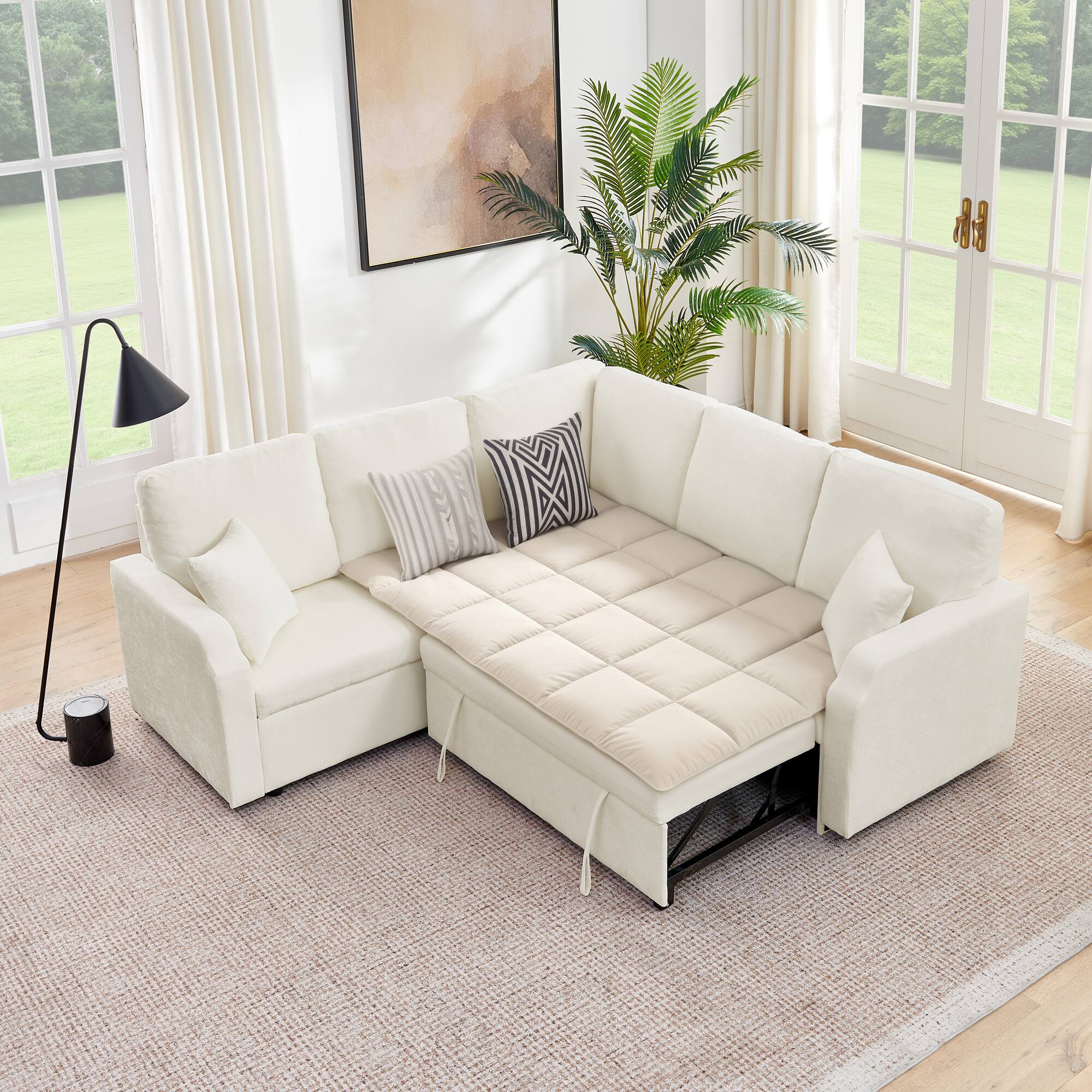 Left. Anysun - 81.2" Modular Chenille Convertible Sectional Sofa with Pull-Out Bed – 5-Seat L-Shaped Sleeper Couch with Hidden Storage - Beige.