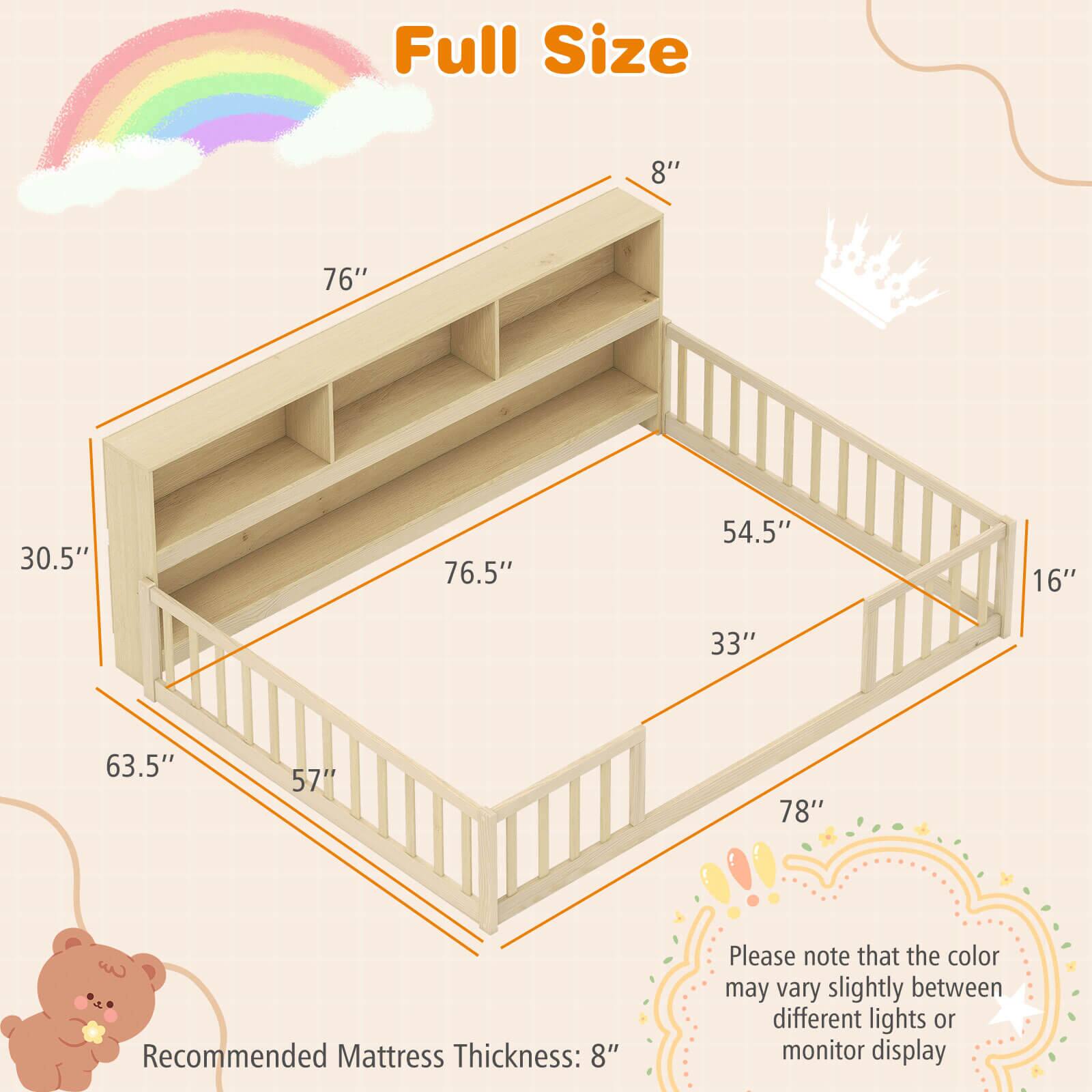 Alt View 2. Costway - Costway Full Size Montessori Floor Bed with Bookcase Storage Shelves & Safety Fence Rails - Natural.