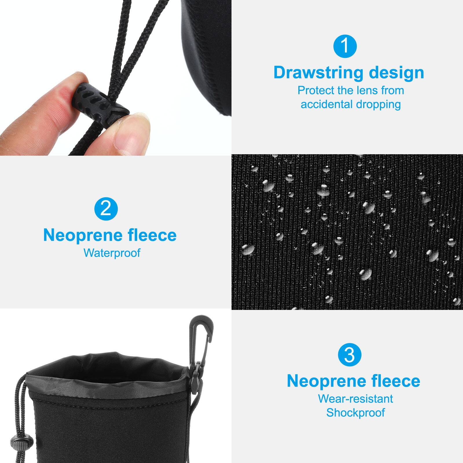 1. Drawstring design  
   Protect the lens from accidental dropping  

2. Neoprene fleece  
   Waterproof  

3. Neoprene fleece  
   Wear-resistant  
   Shockproof