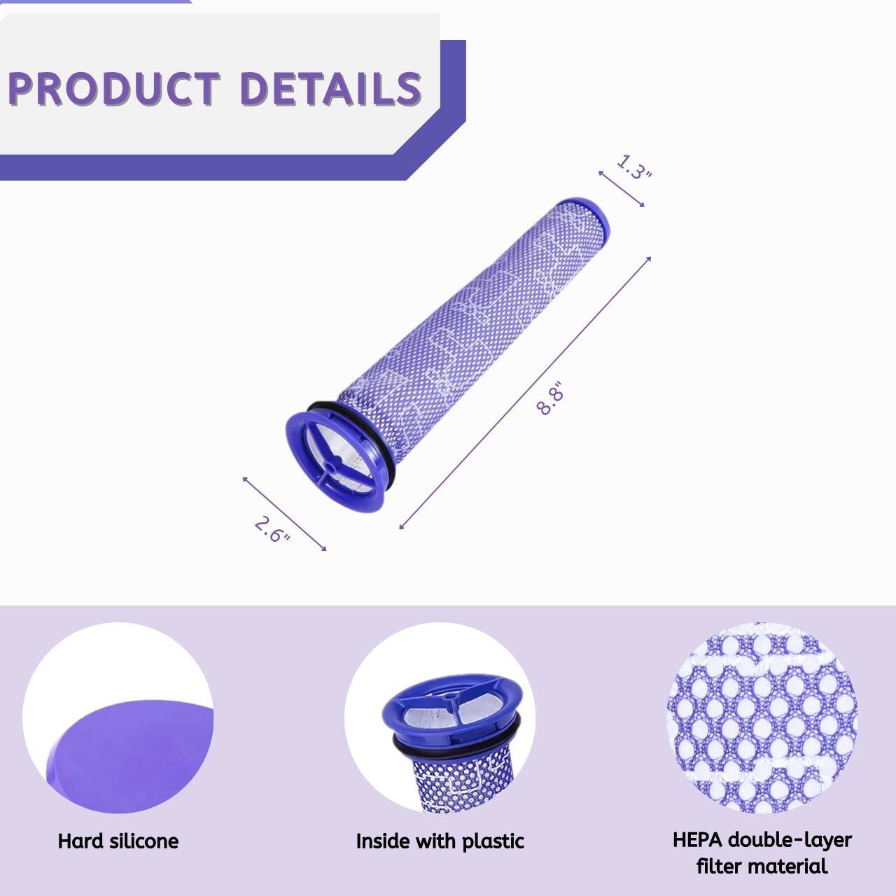 PRODUCT DETAILS

1.3" 8.8" 2.6"  
Hard silicone  
Inside with plastic  
HEPA double-layer filter material
