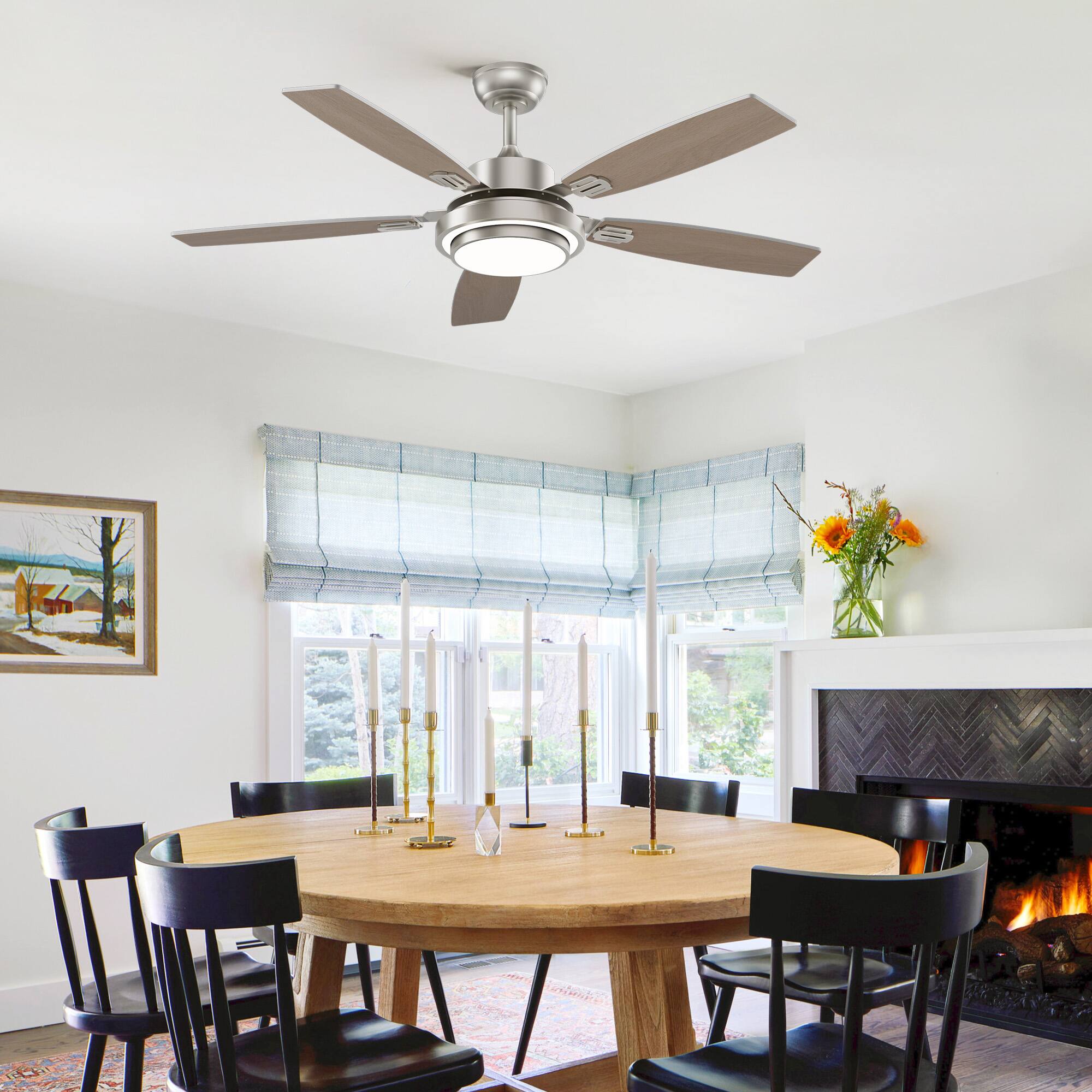 Back. Siljoy - 52-in Nickel Ceiling Fan with Nickel or Oak Color Blades Ceiling Fan With Light-Remote Included - Nickel.